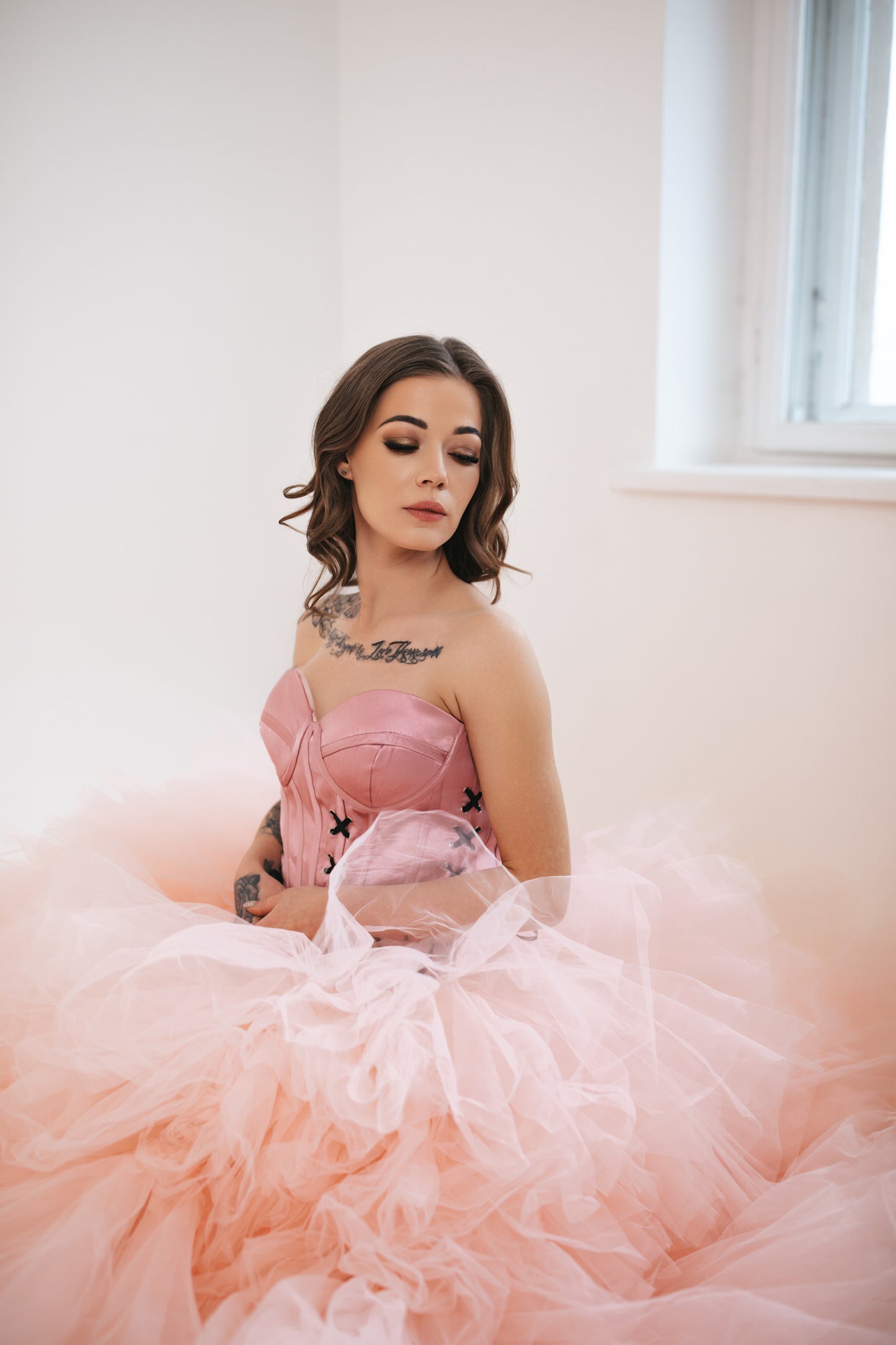Majestic Pink Tulle Gown With Ruffles