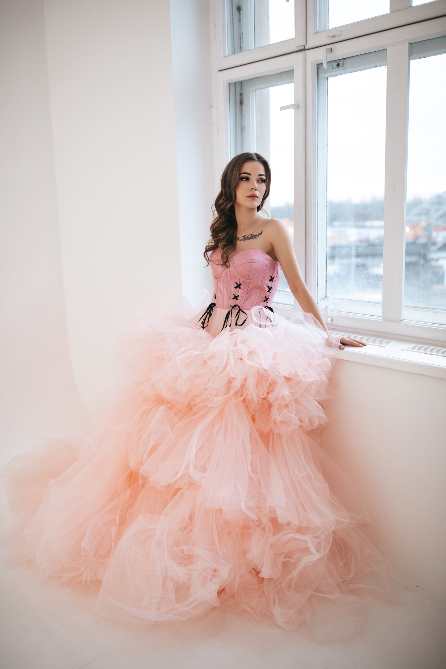 Majestic Pink Tulle Gown With Ruffles
