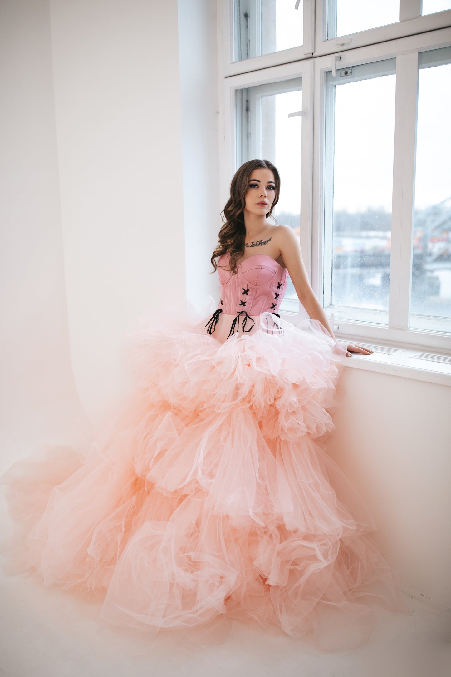 Majestic Pink Tulle Gown With Ruffles