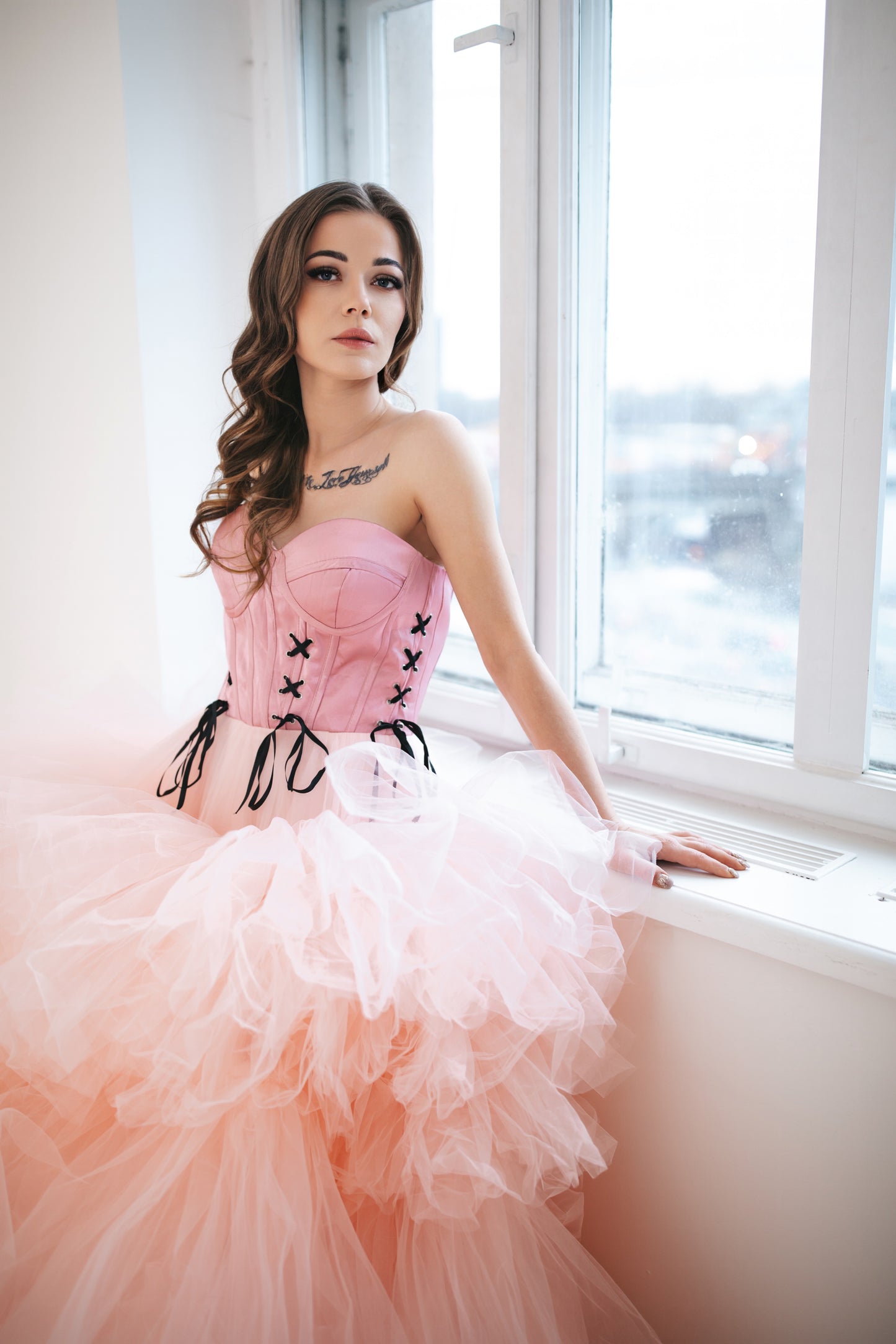 Majestic Pink Tulle Gown With Ruffles