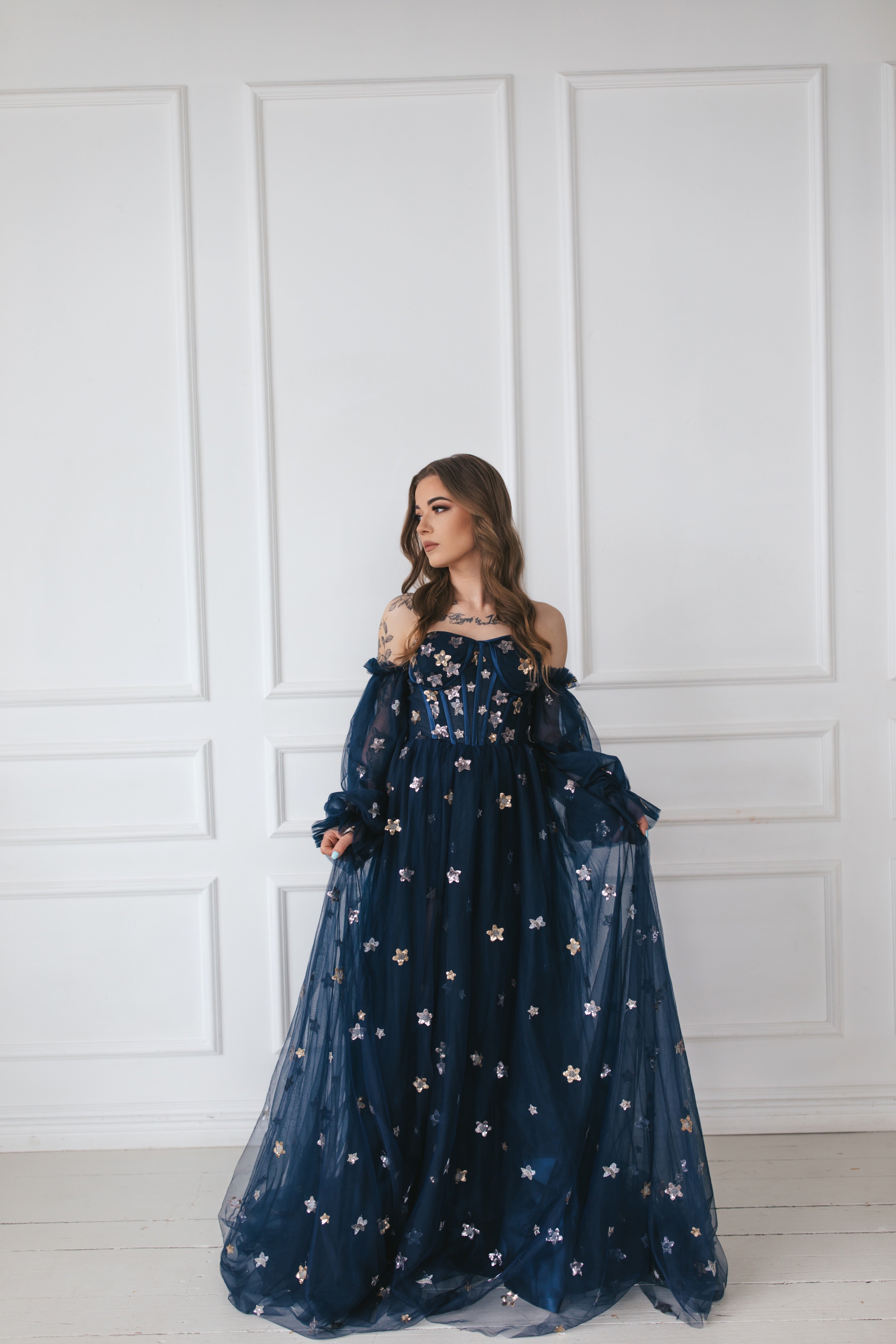 star blue dress Navy Blue Gown With Stars – Dreamydresshouse