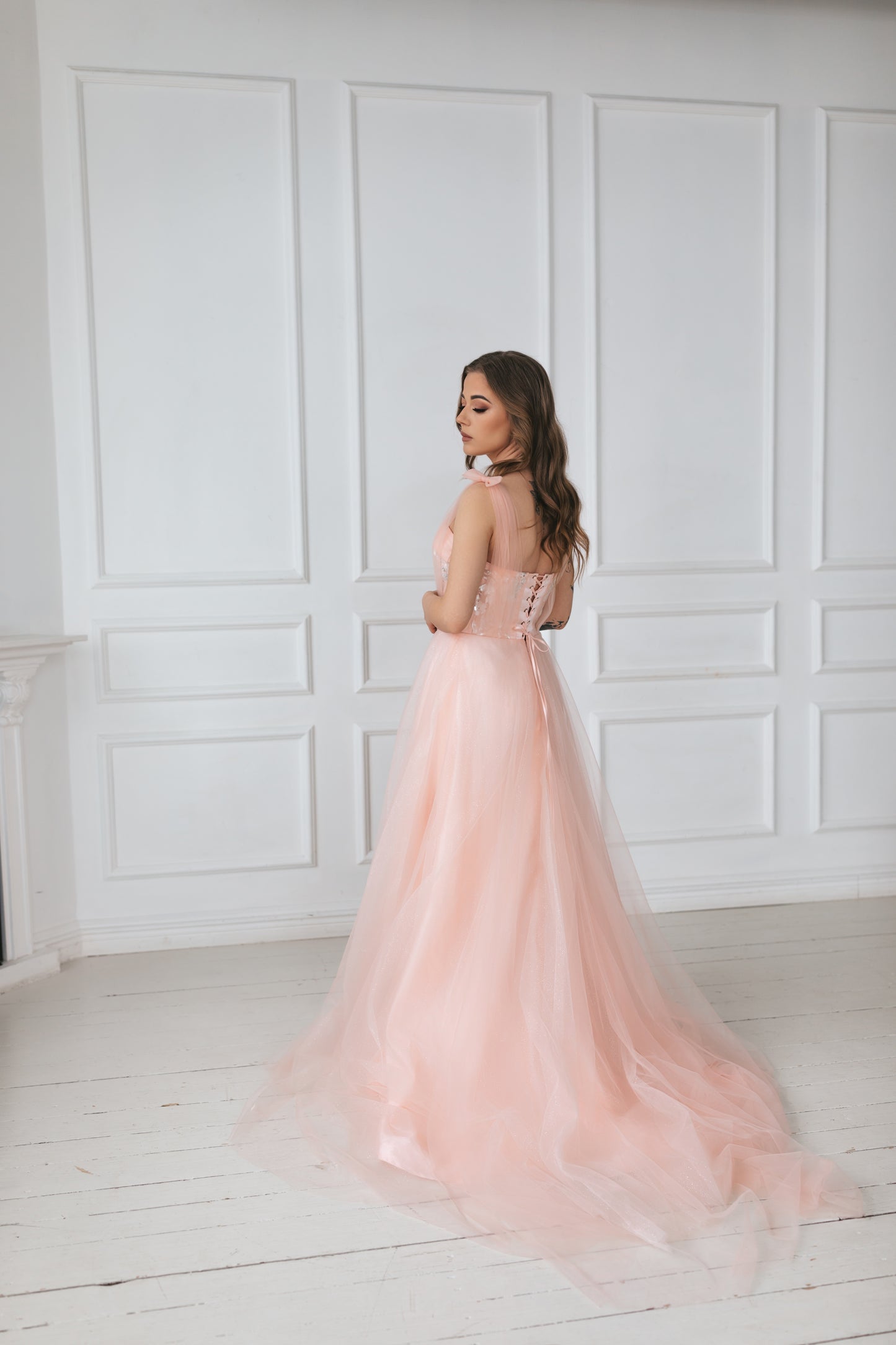 Glittery Blush Pink Gown With Bow Ties