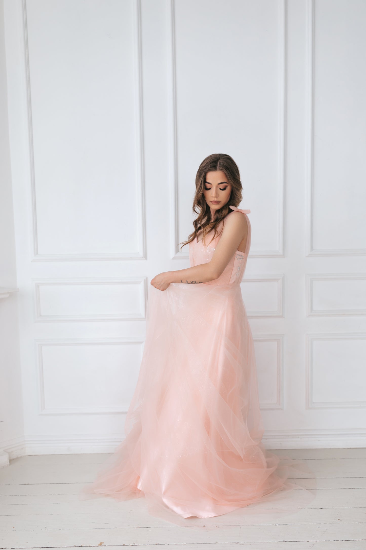 Glittery Blush Pink Gown With Bow Ties