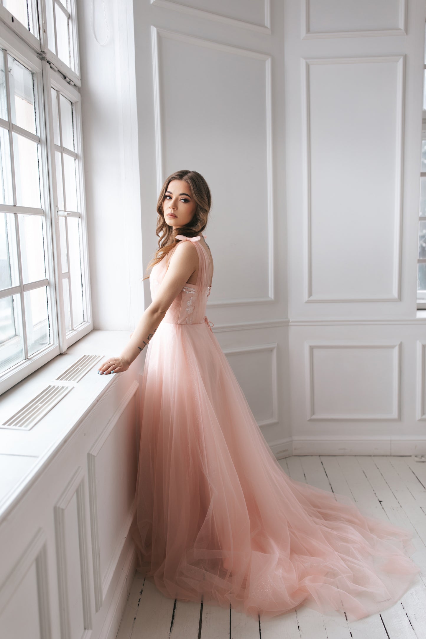 Glittery Blush Pink Gown With Bow Ties
