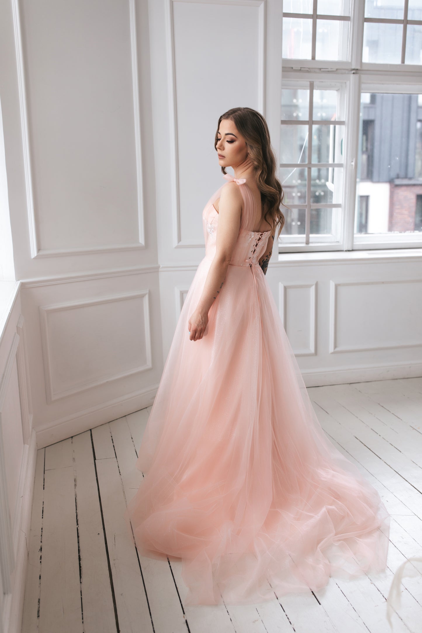 Glittery Blush Pink Gown With Bow Ties