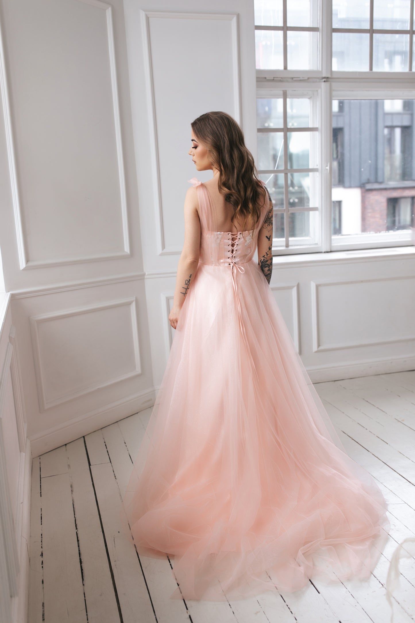 Glittery Blush Pink Gown With Bow Ties