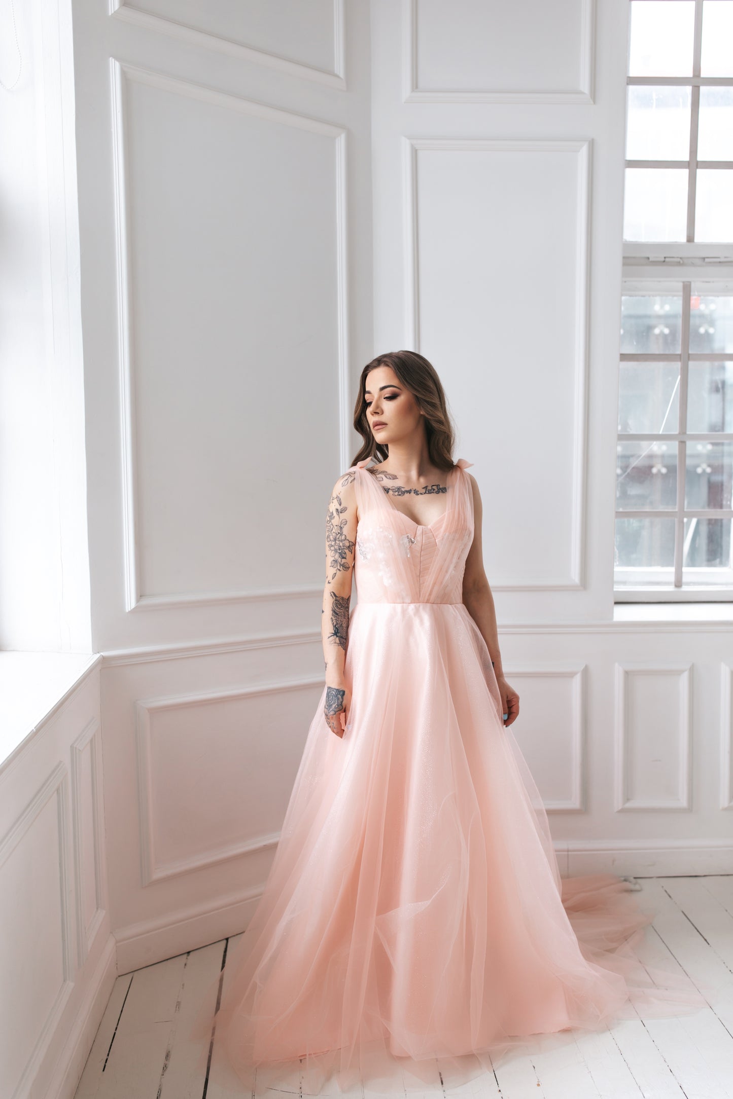 Glittery Blush Pink Gown With Bow Ties