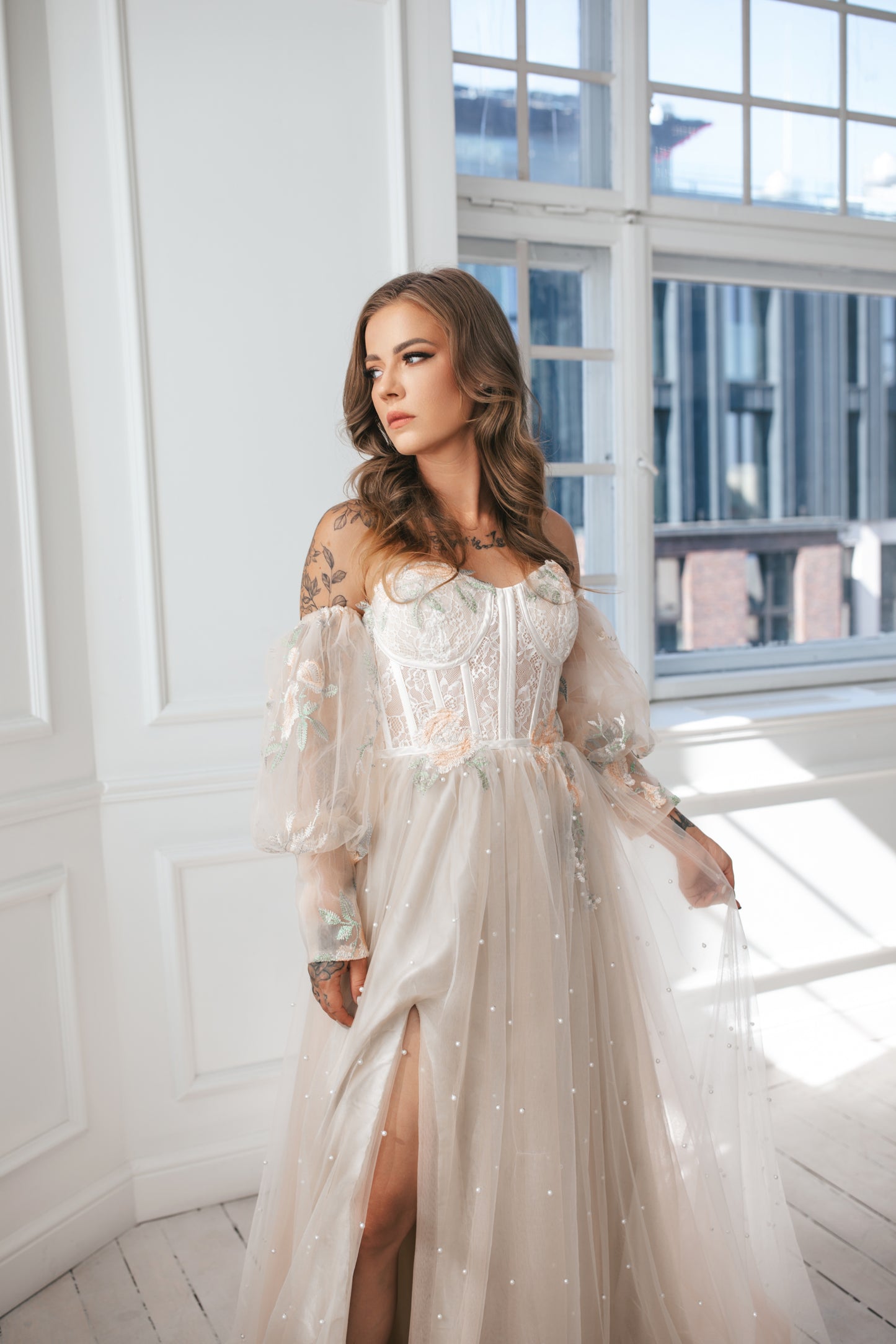 Champagne Gown With Pearls