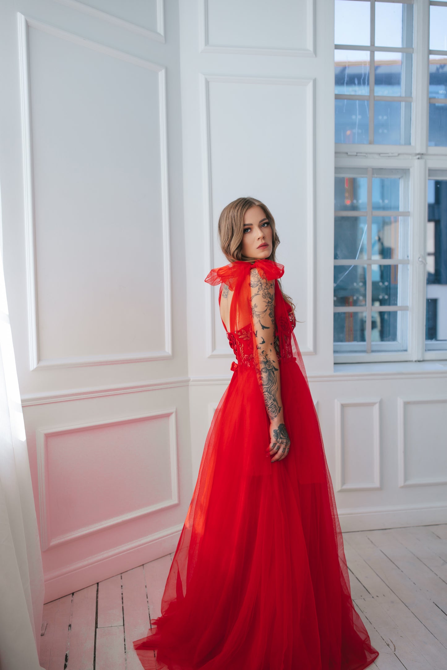 Floral Tulle Gown With Bow Ties