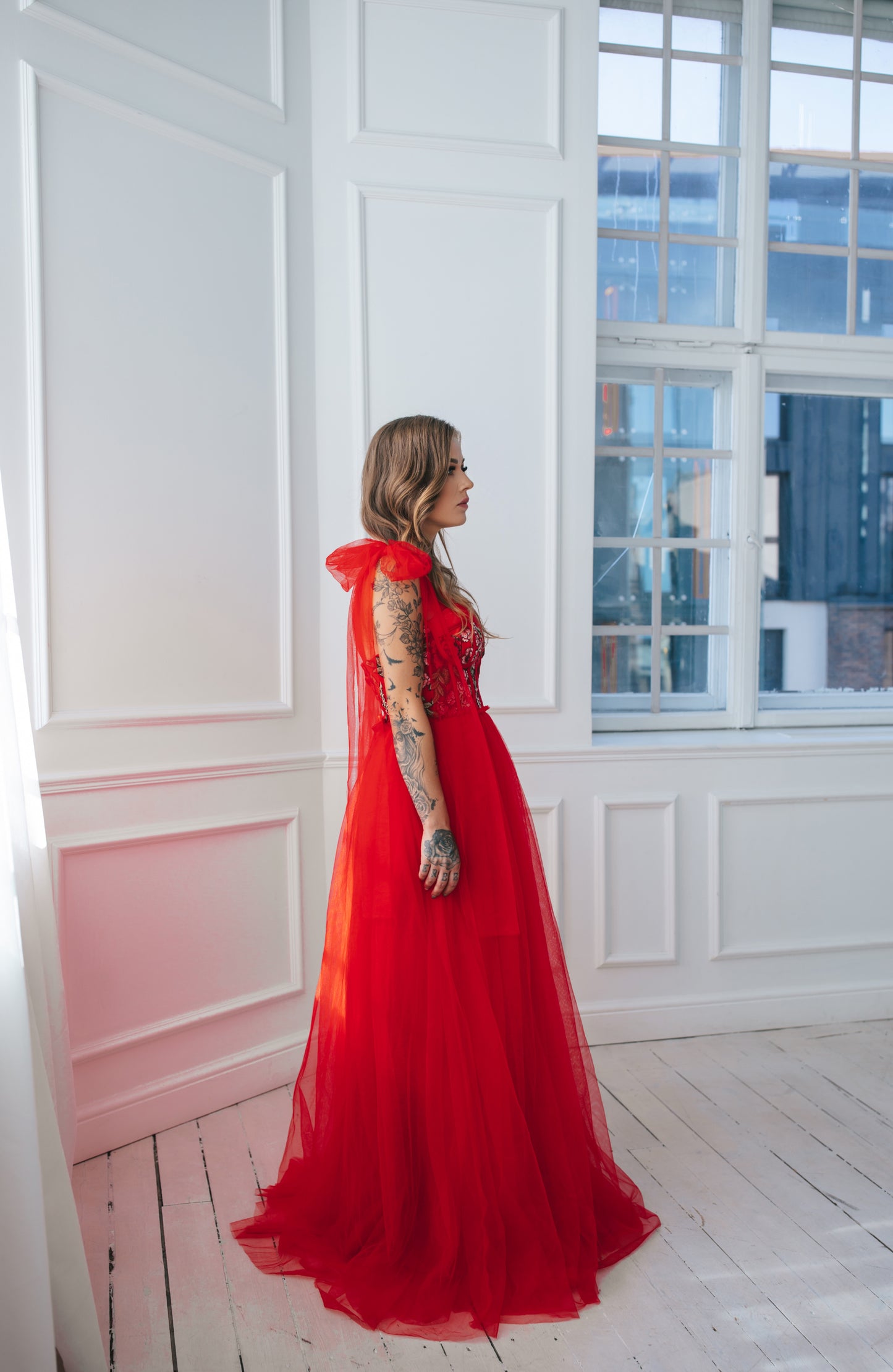 Floral Tulle Gown With Bow Ties