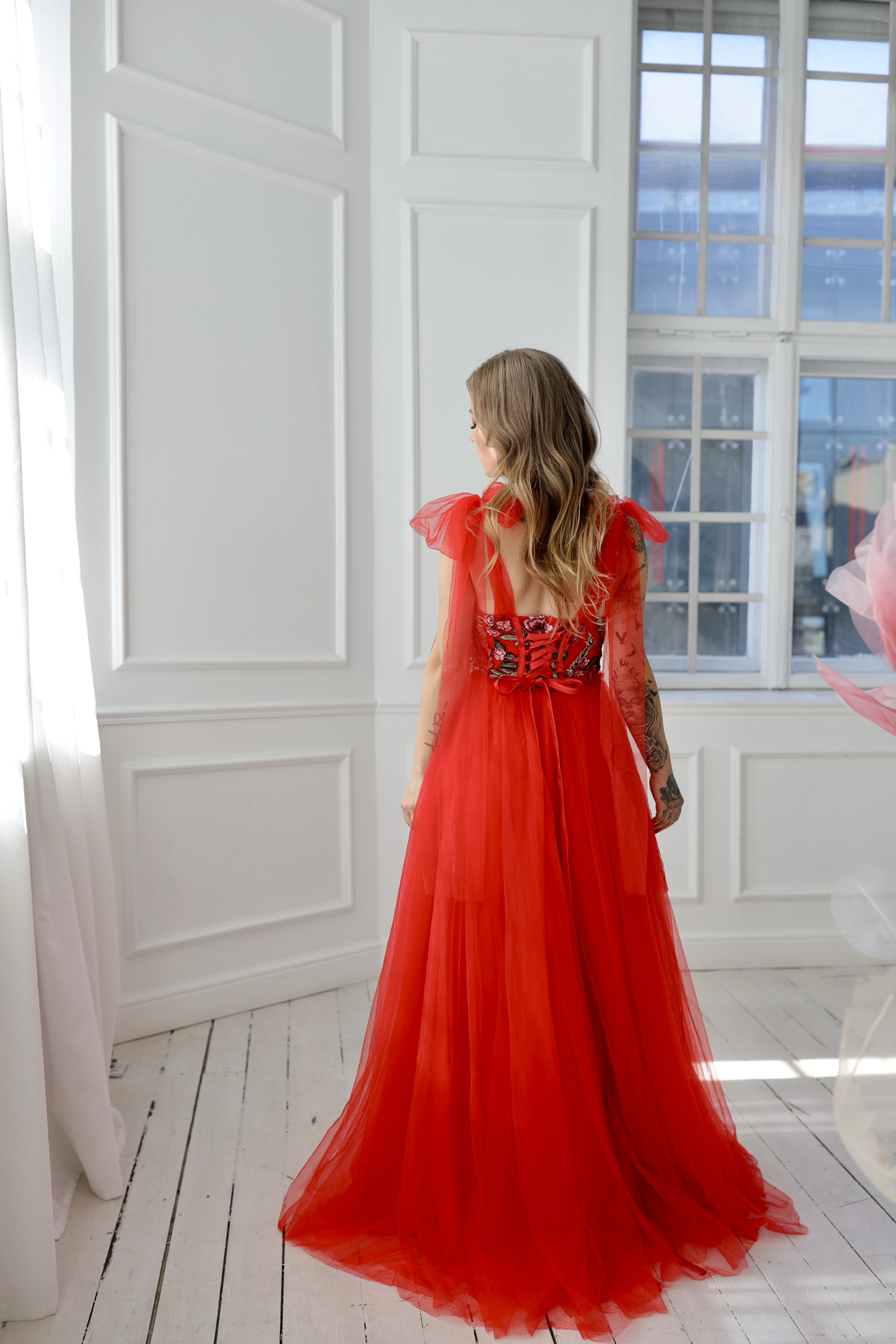 Floral Tulle Gown With Bow Ties