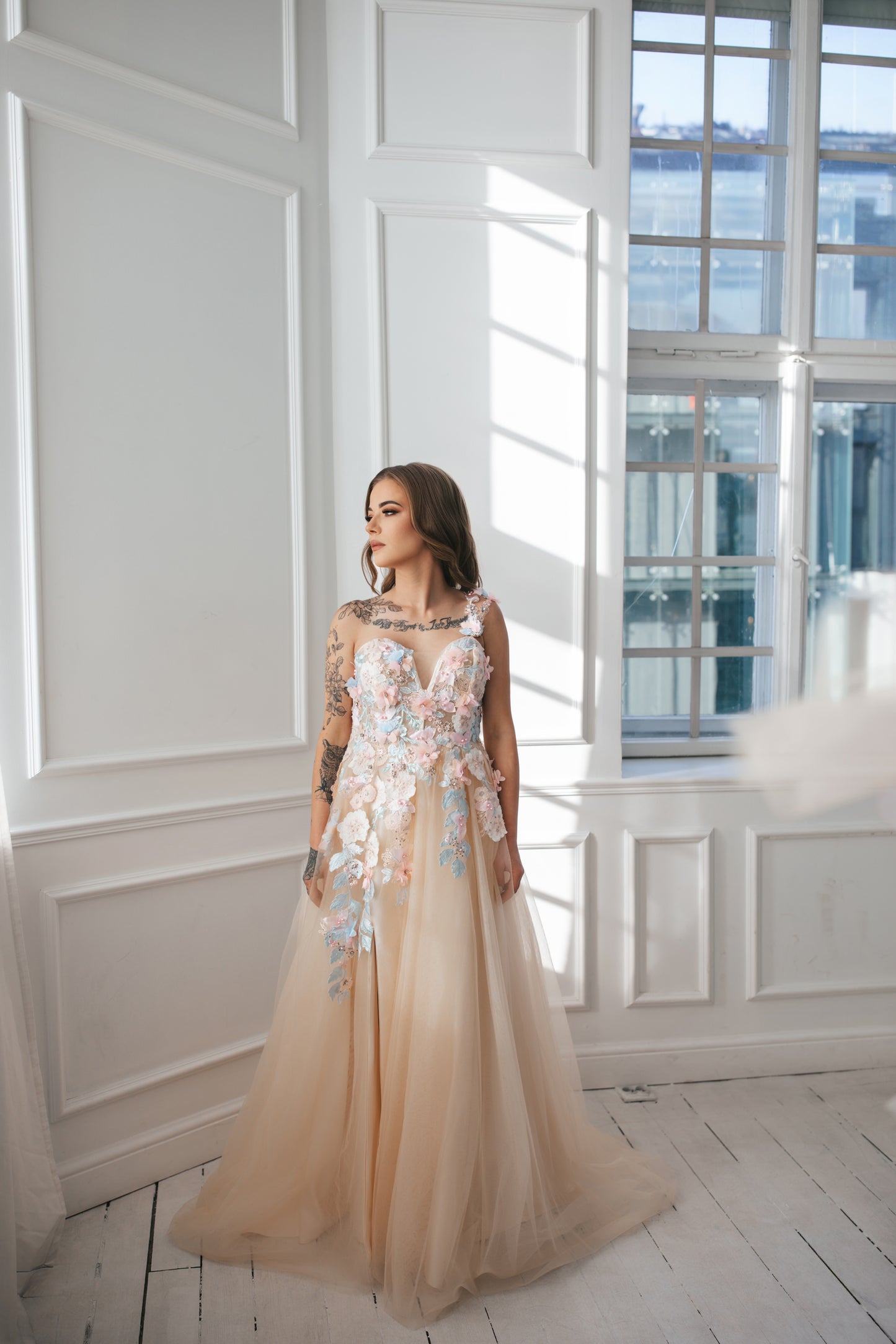 Champagne Gown With Colourful Flowers