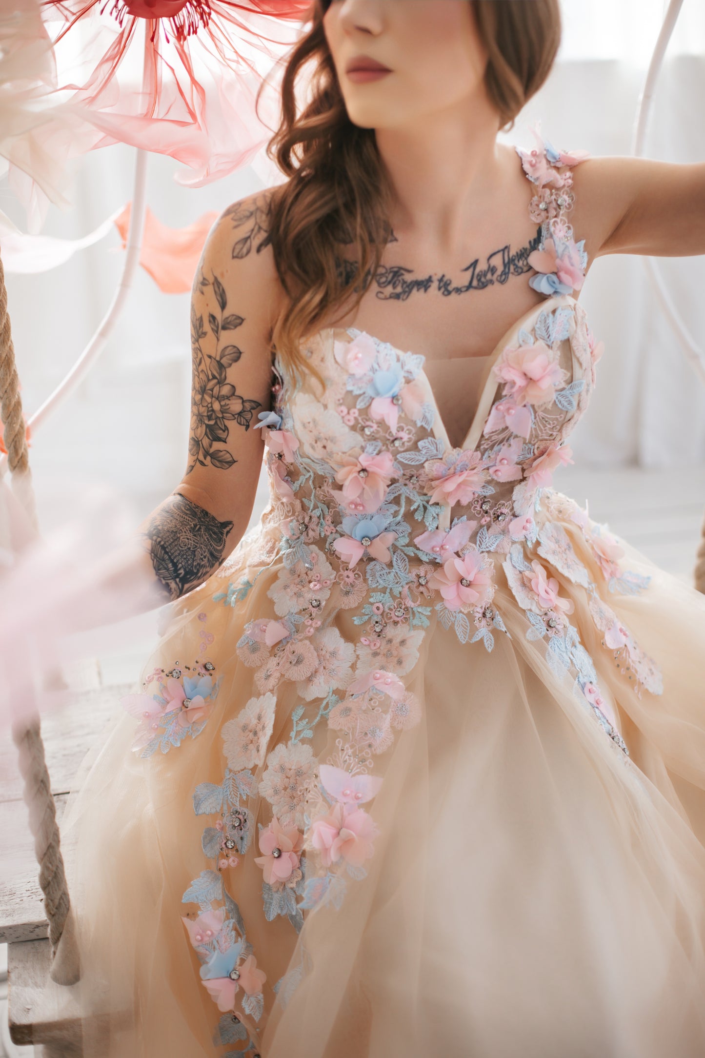 Champagne Gown With Colourful Flowers