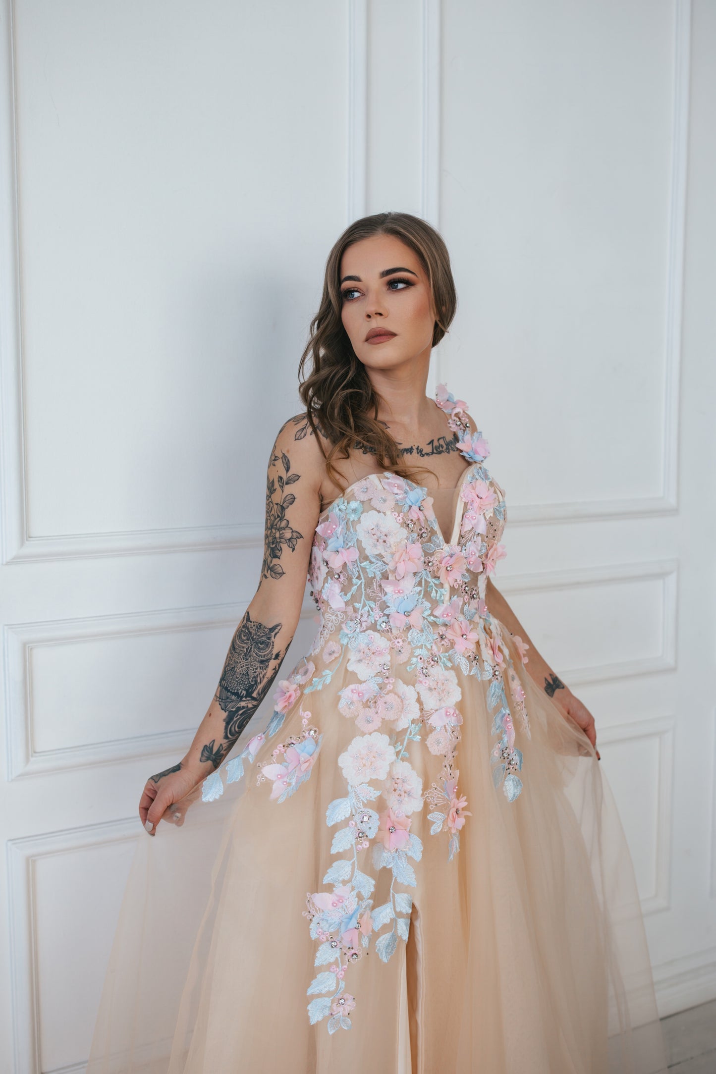 Champagne Gown With Colourful Flowers