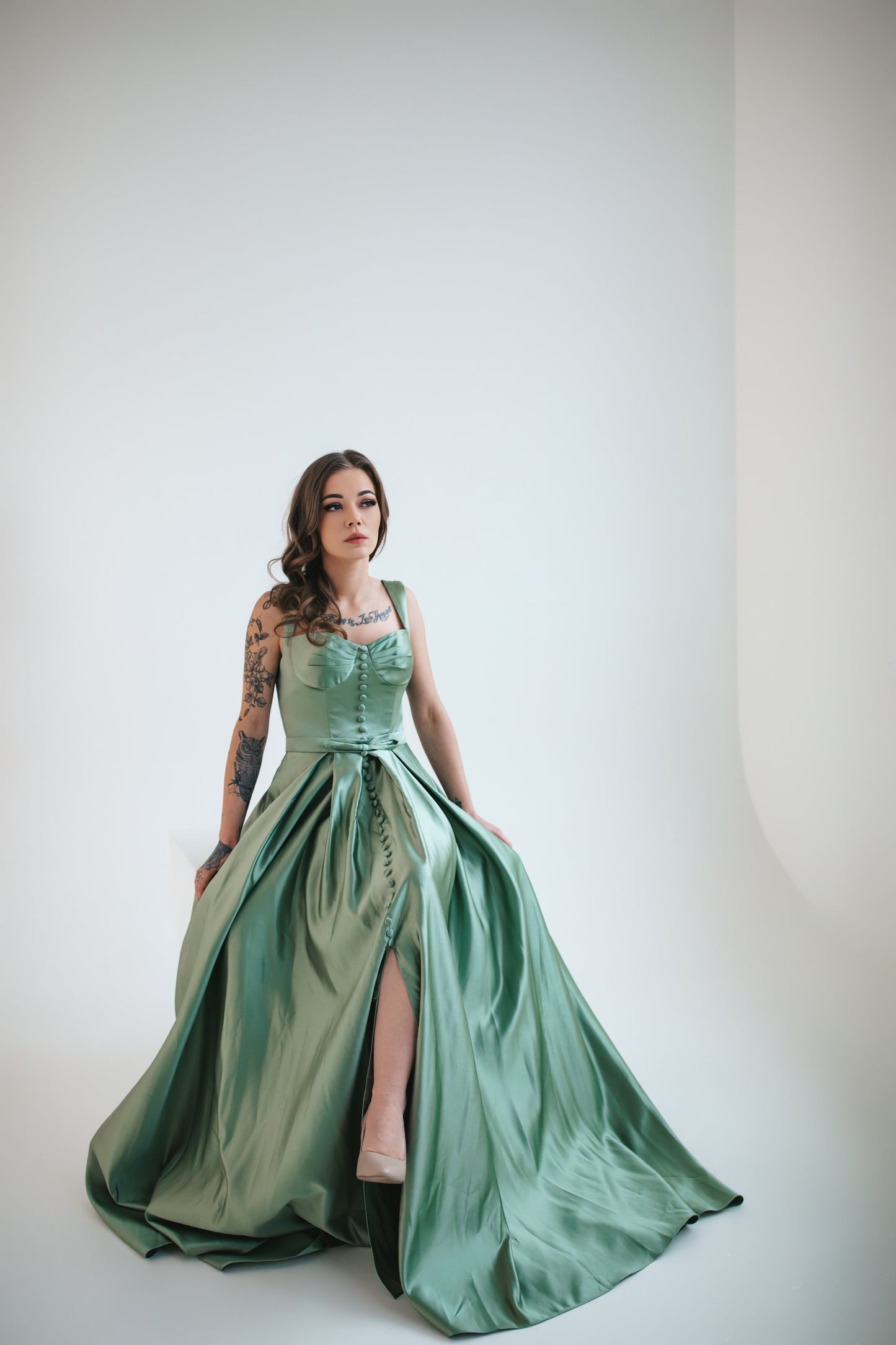 Green Satin Dress With Buttons