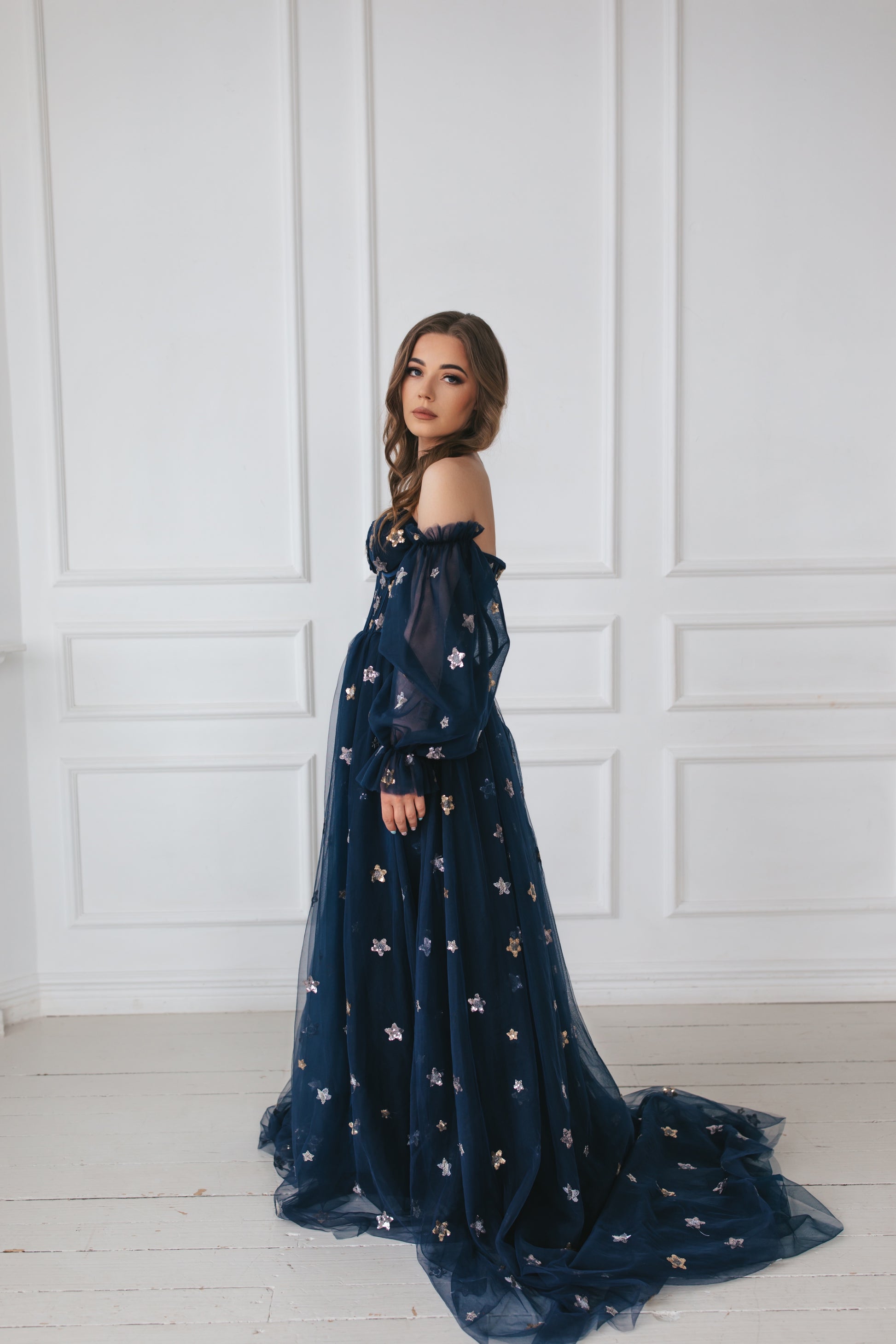 Navy Blue Gown With Stars – Dreamydresshouse Navy Blue Gown With Stars – Dreamydresshouse