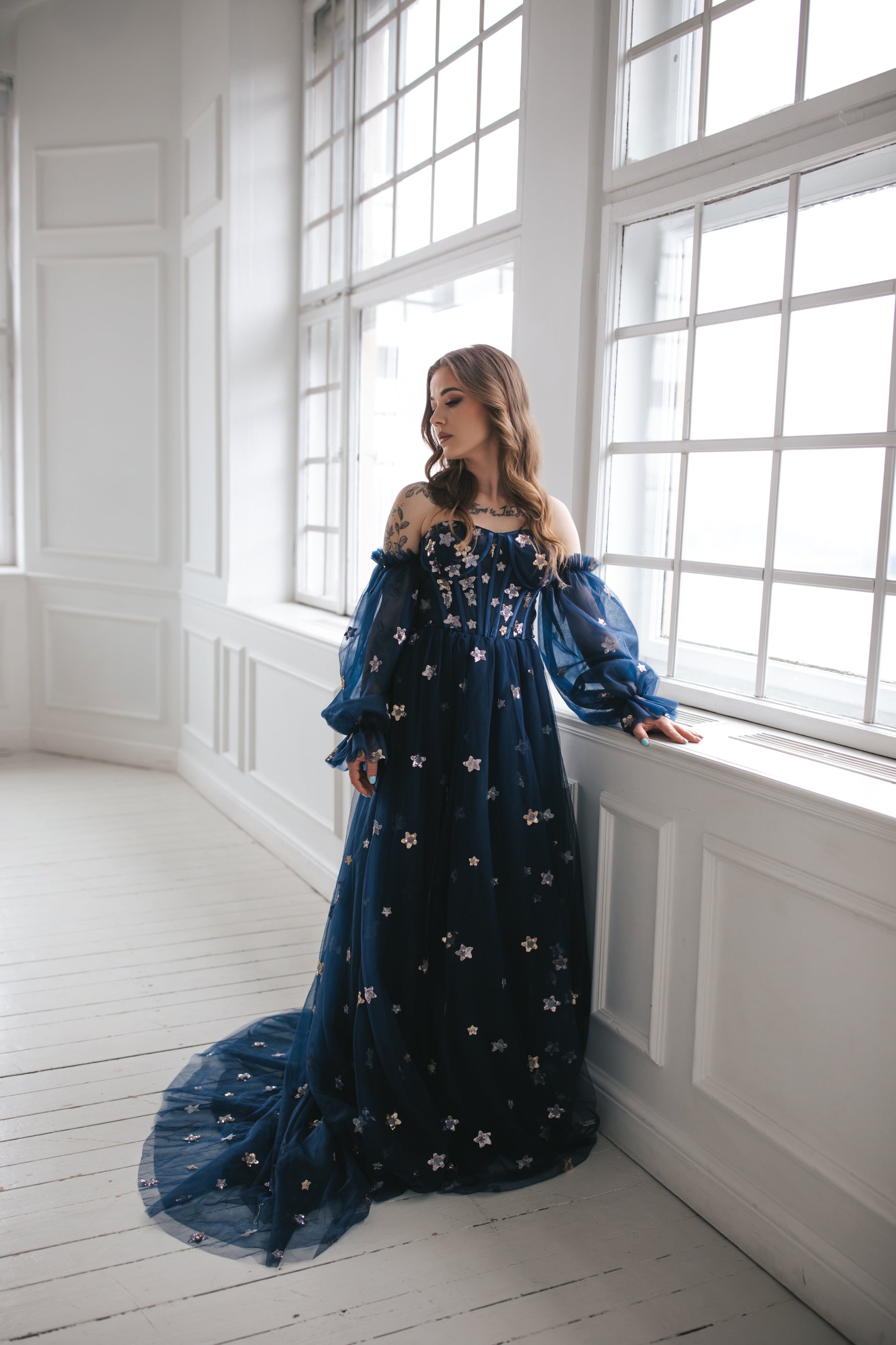 blue dress with stars Navy Blue Gown With Stars – Dreamydresshouse