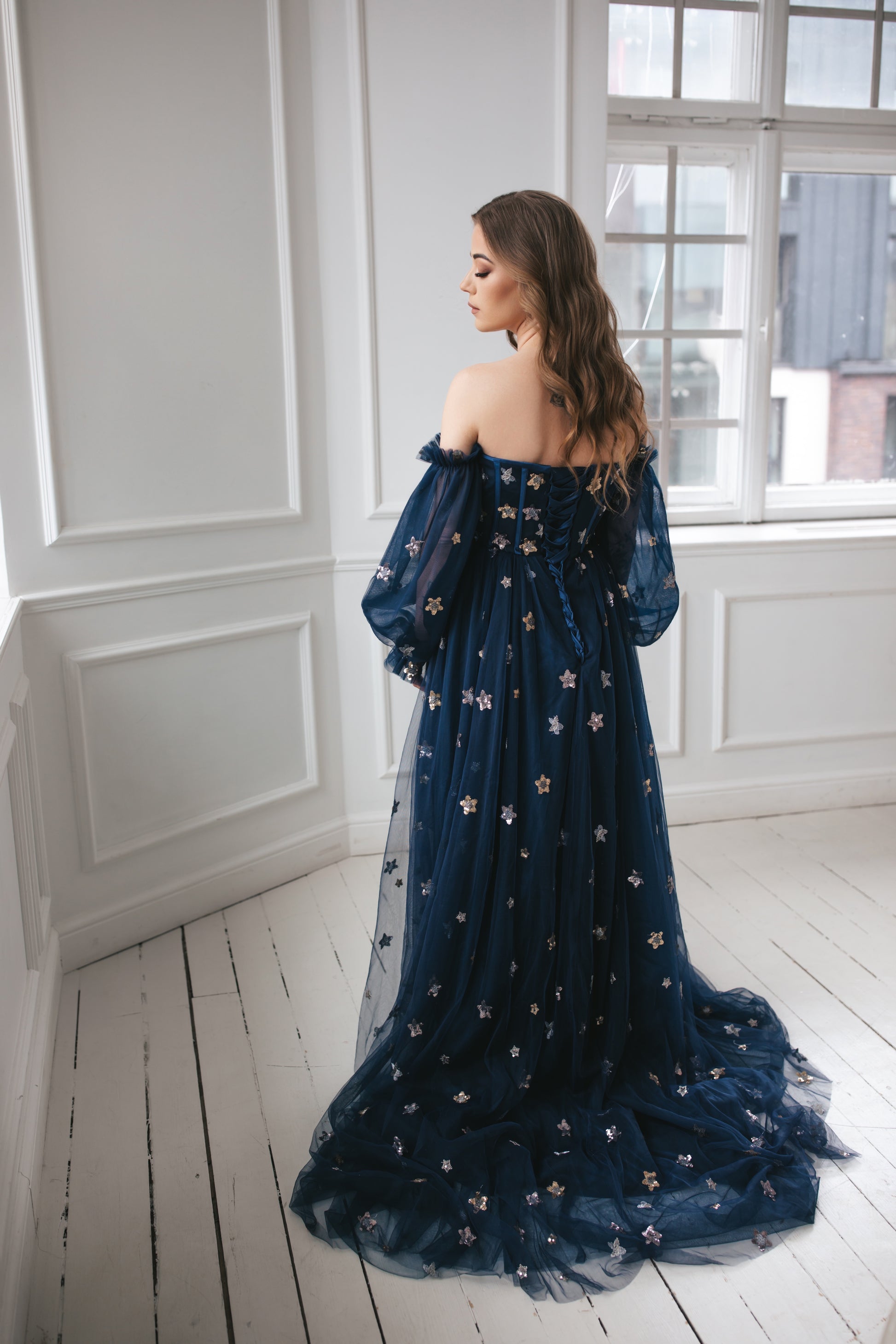Navy Blue Gown With Stars – Dreamydresshouse