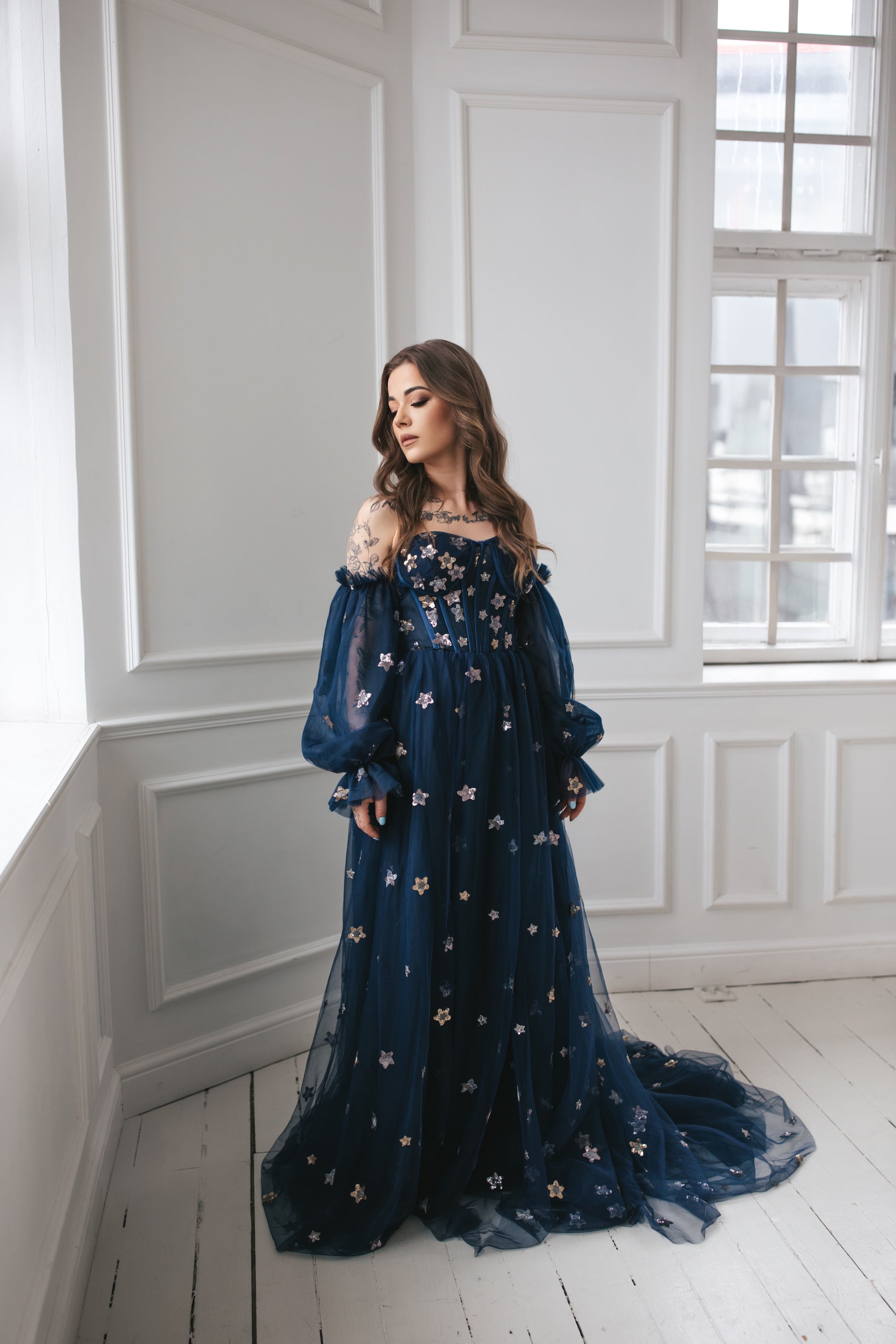 Navy Blue Gown With Stars – Dreamydresshouse