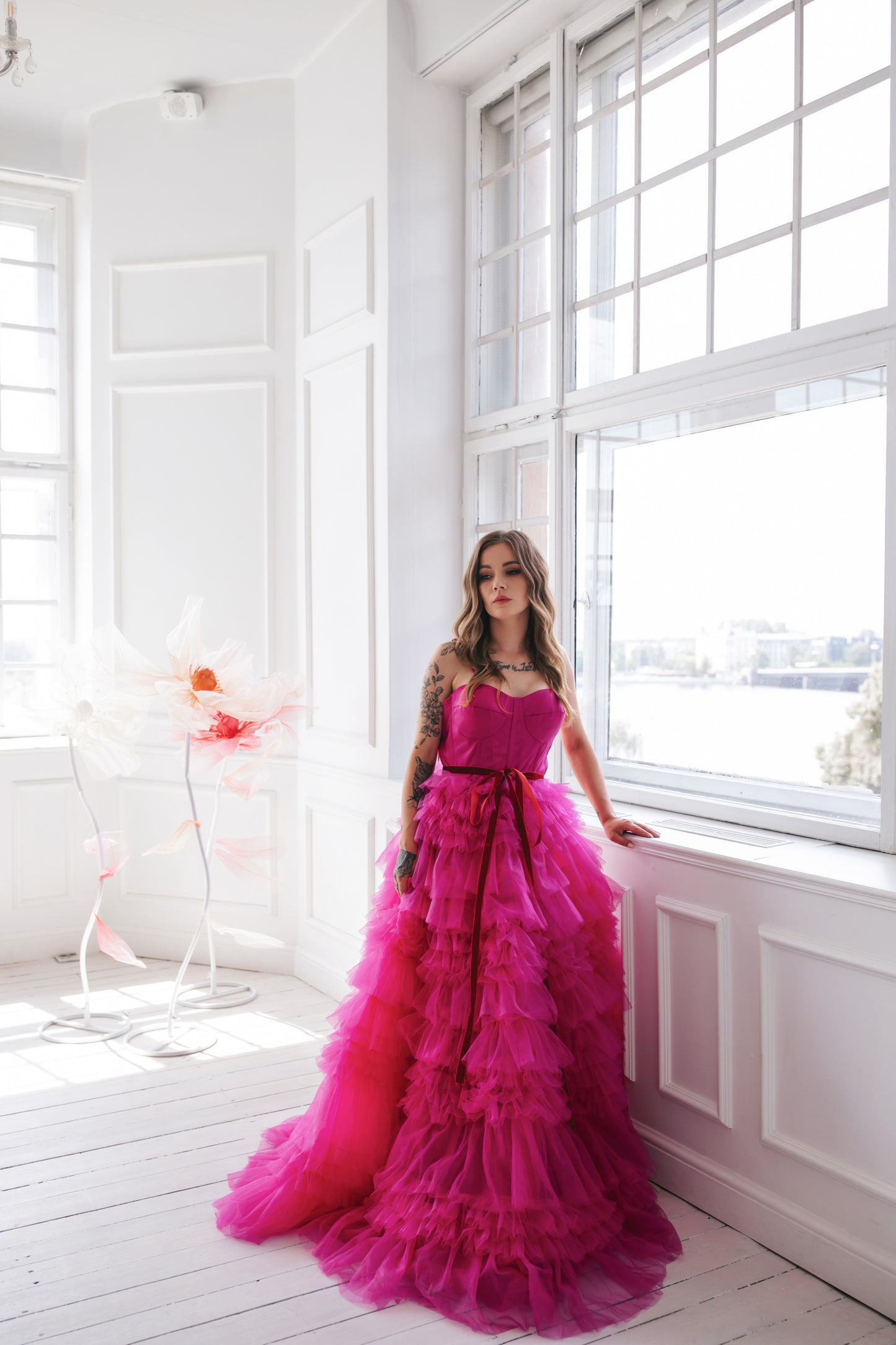 Pink Tulle Gown With Ruffles