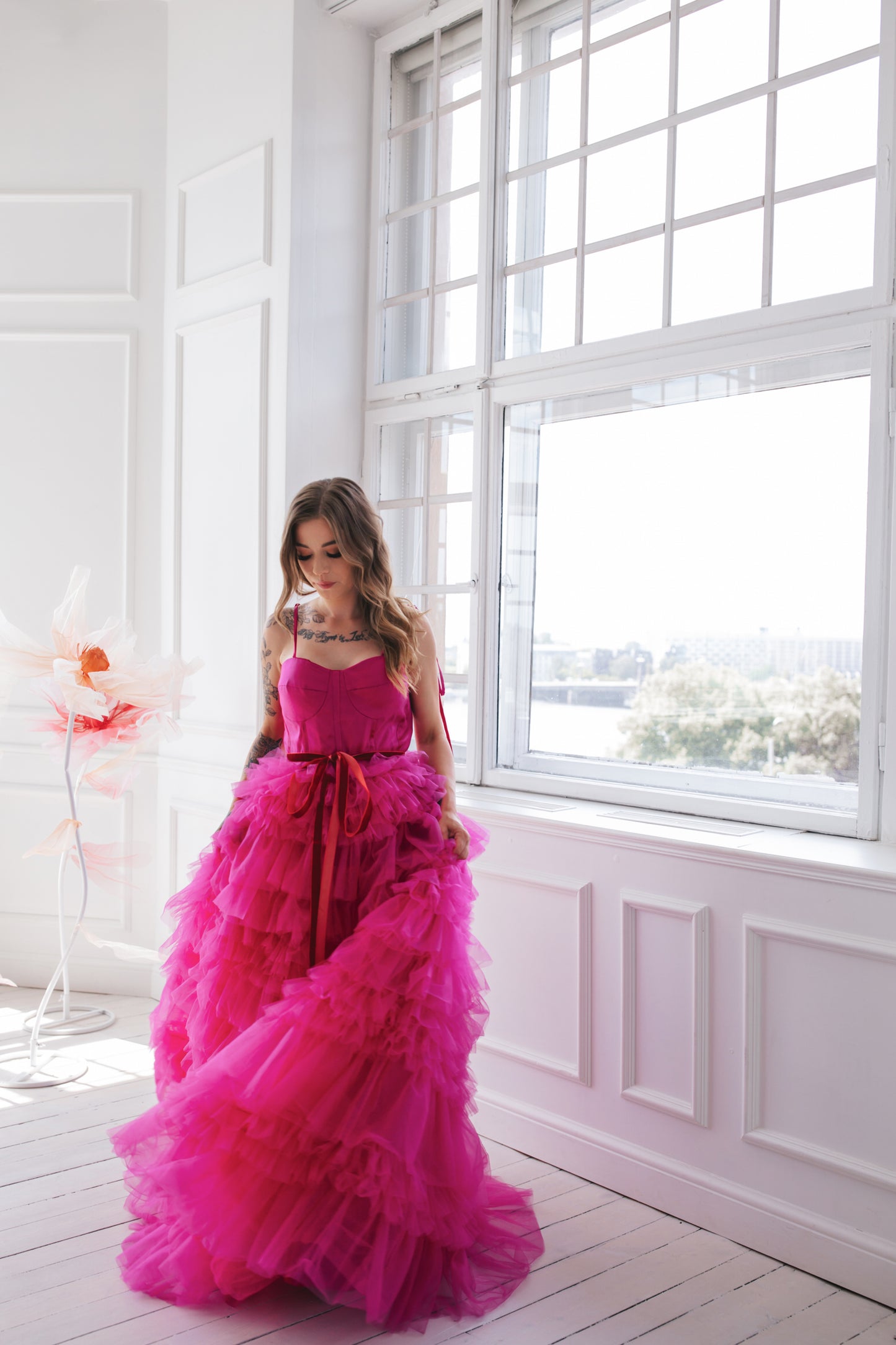 Pink Tulle Gown With Ruffles