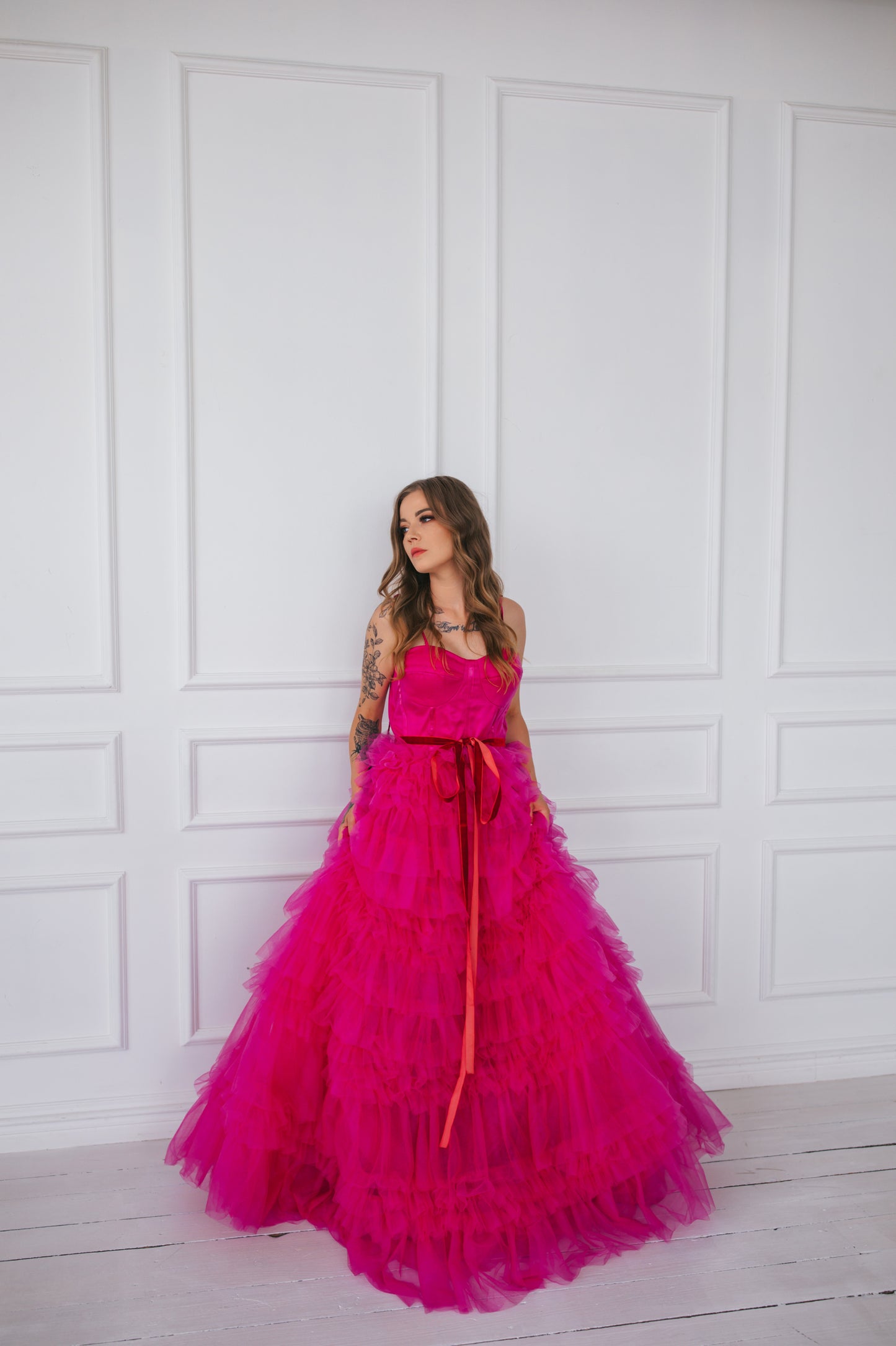 Pink Tulle Gown With Ruffles