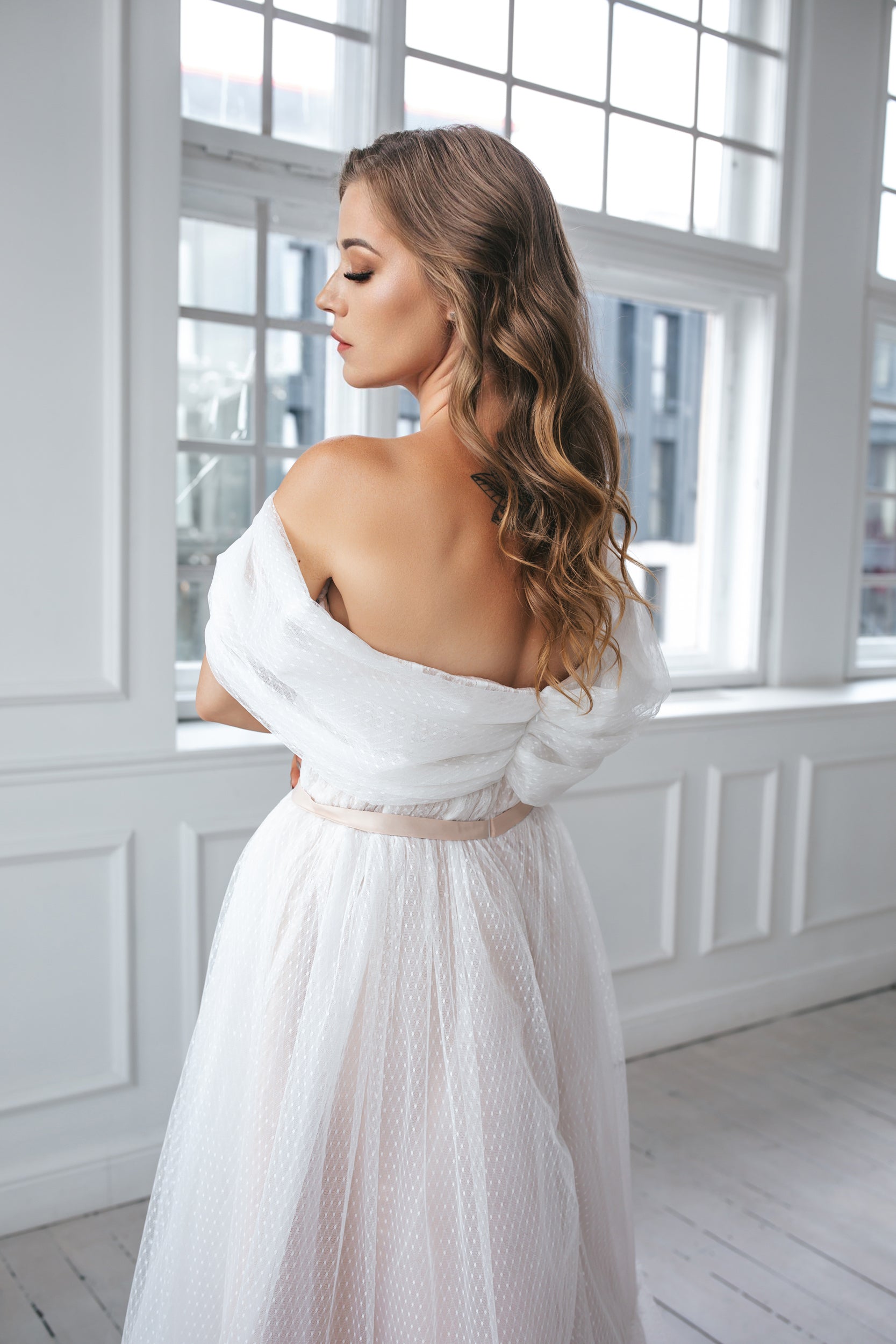 polka dot boho wedding dress Boho Polka Dot Tulle Wedding Dress with Lace and Open Back | Romantic Sheer Long Sleeve Bridal Gown Vintage Style