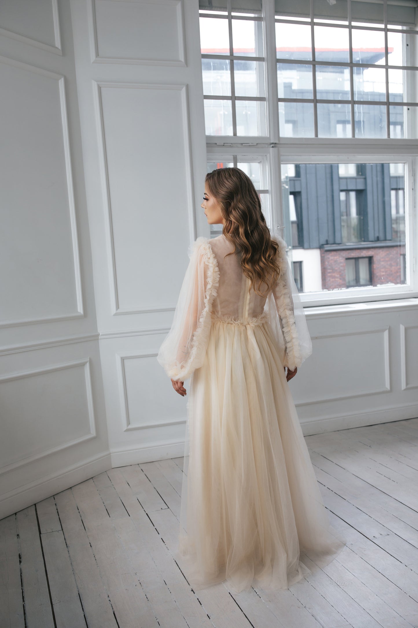 Romantic Champagne Gown With Ruffles