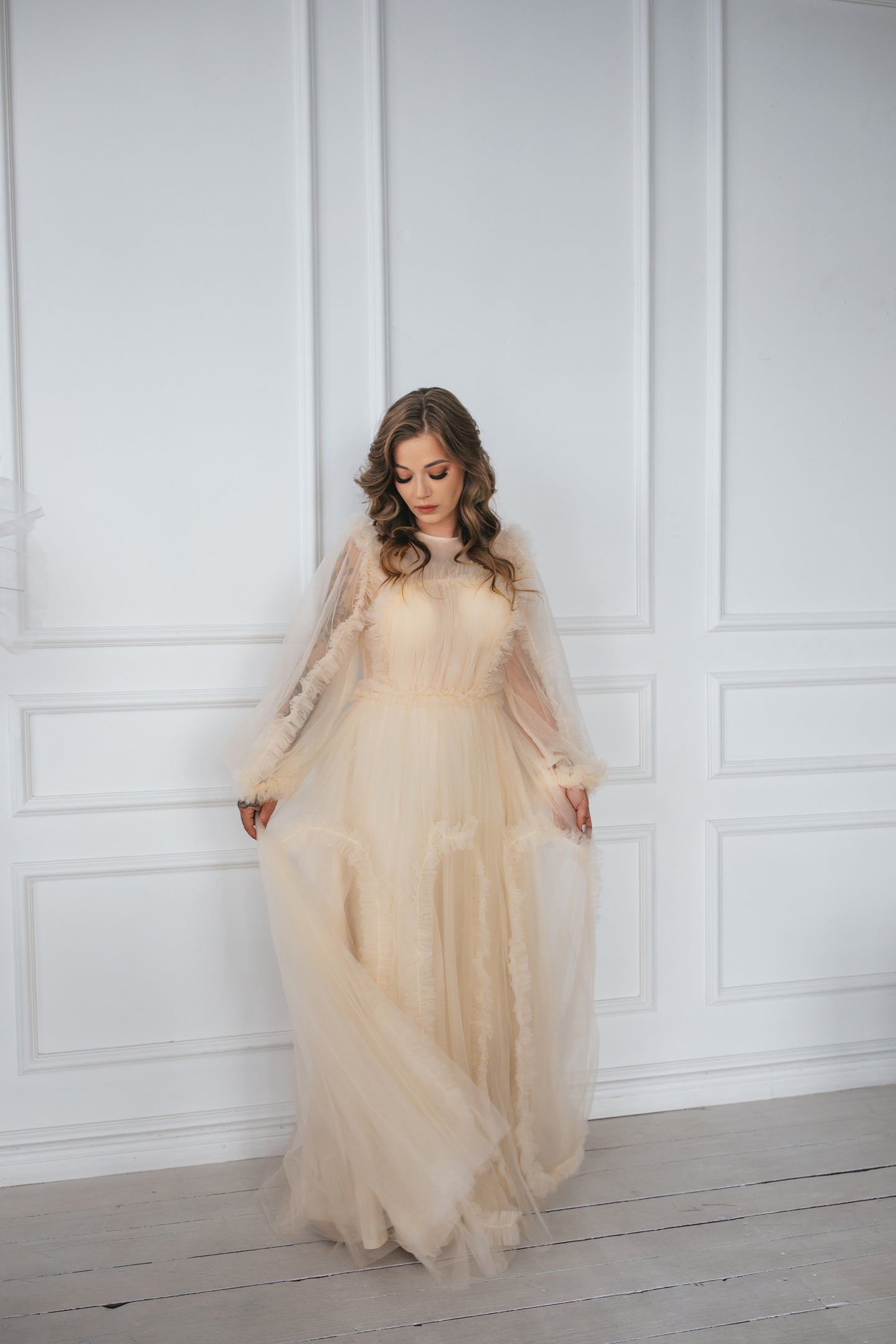 Romantic Champagne Gown With Ruffles