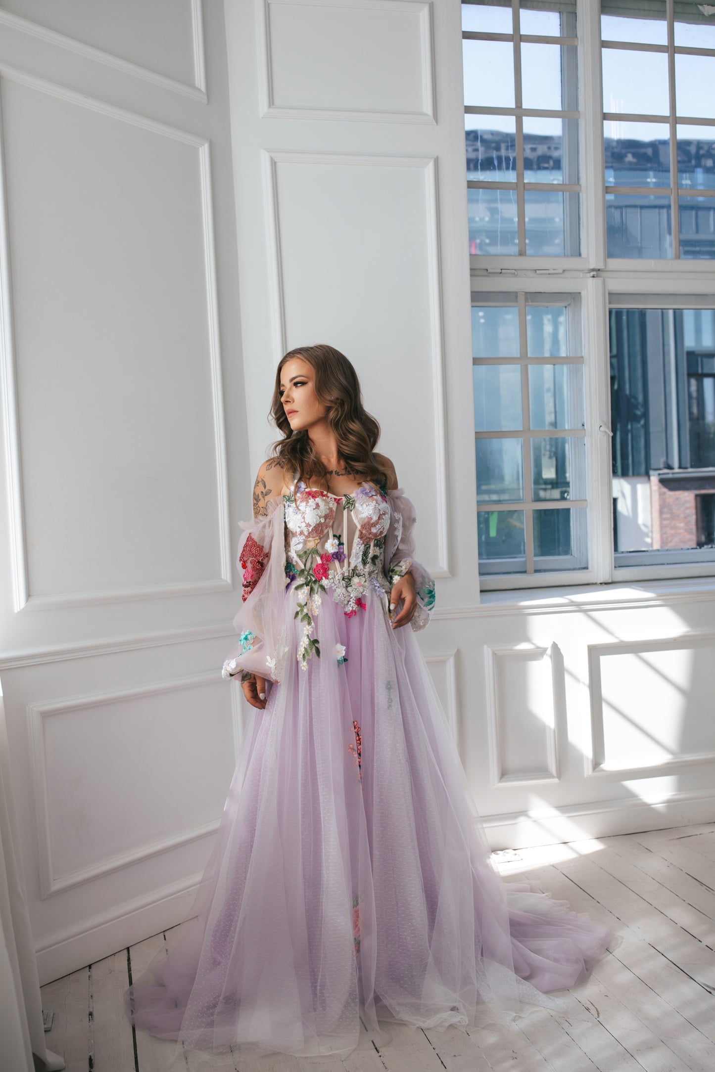 Lavender Gown With Colourful Flowers