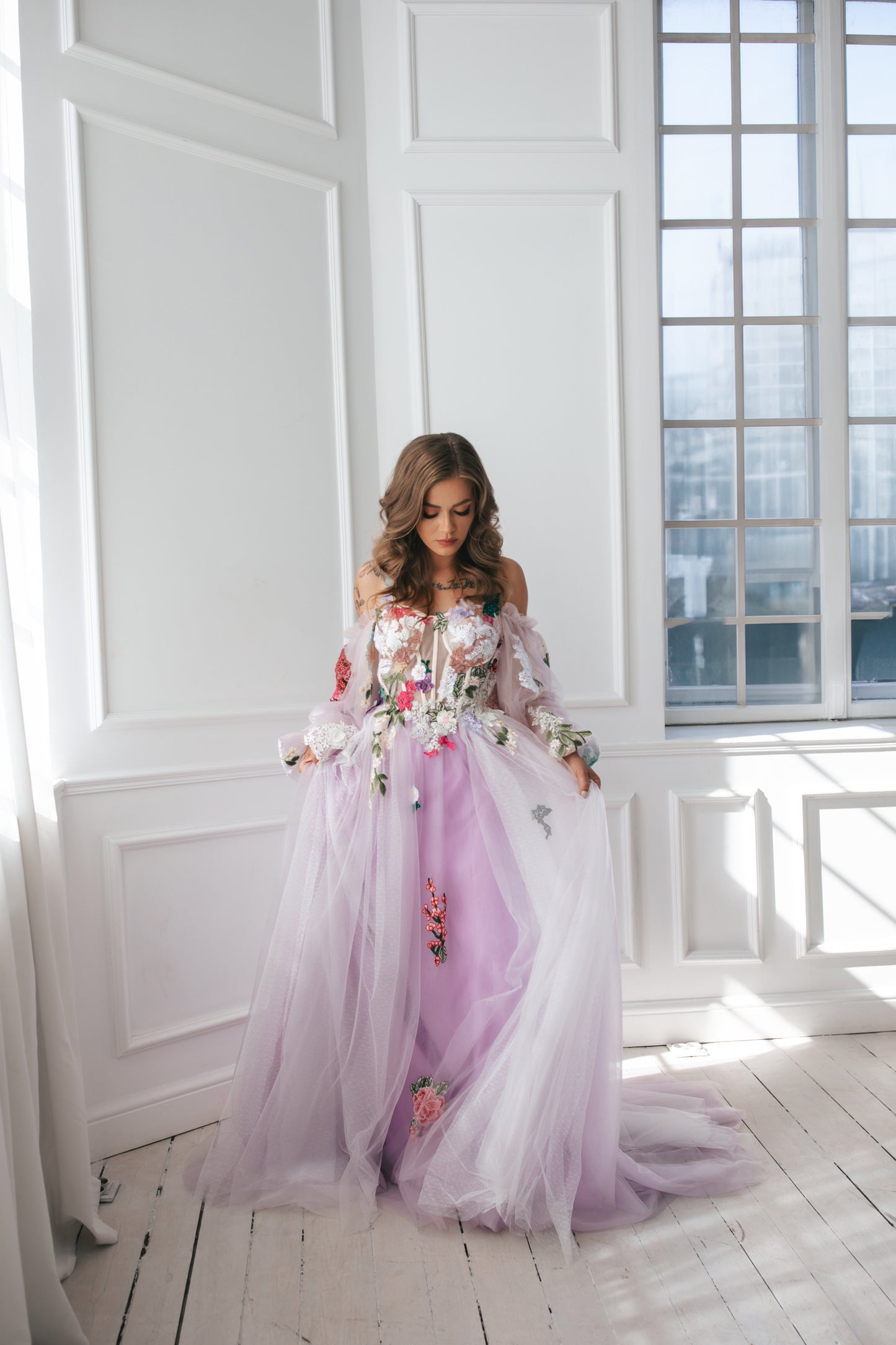 Lavender Gown With Colourful Flowers