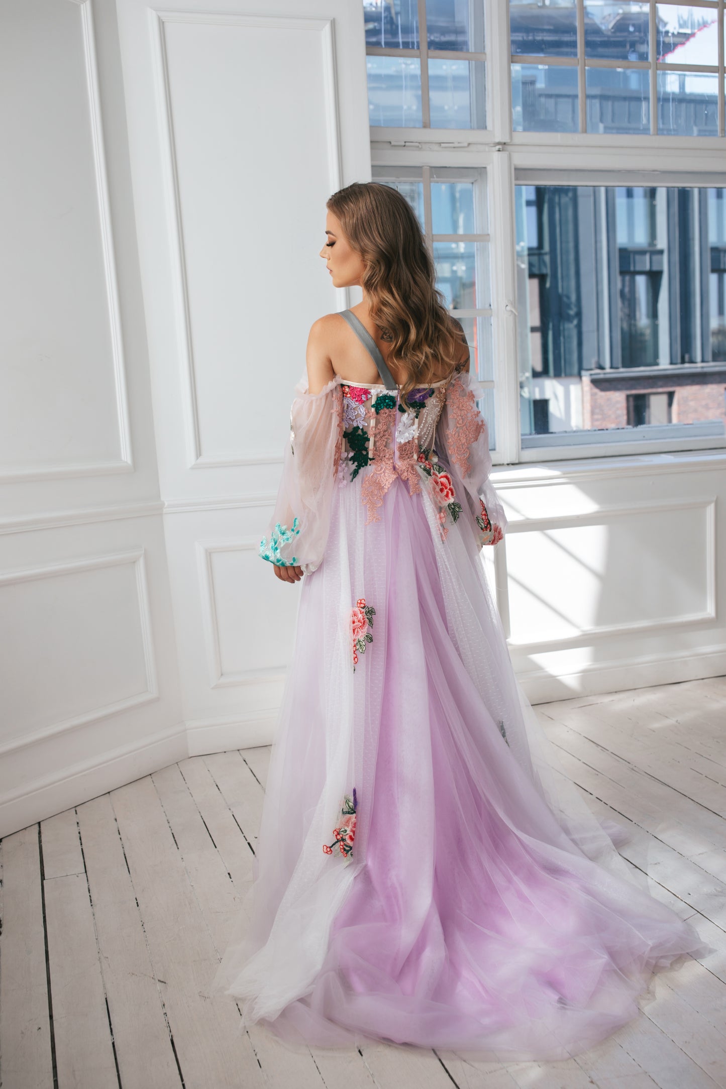 Lavender Gown With Colourful Flowers