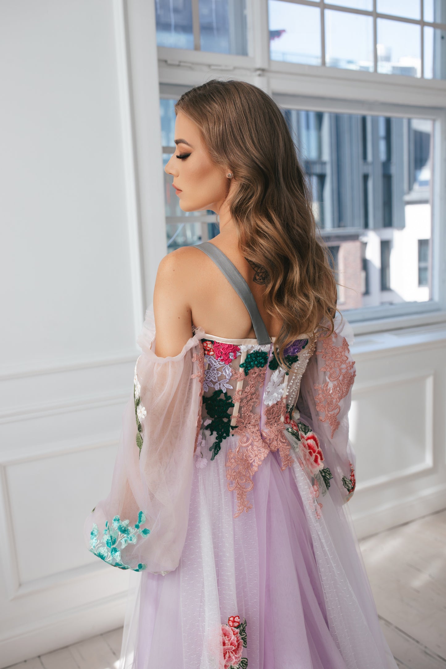 Lavender Gown With Colourful Flowers