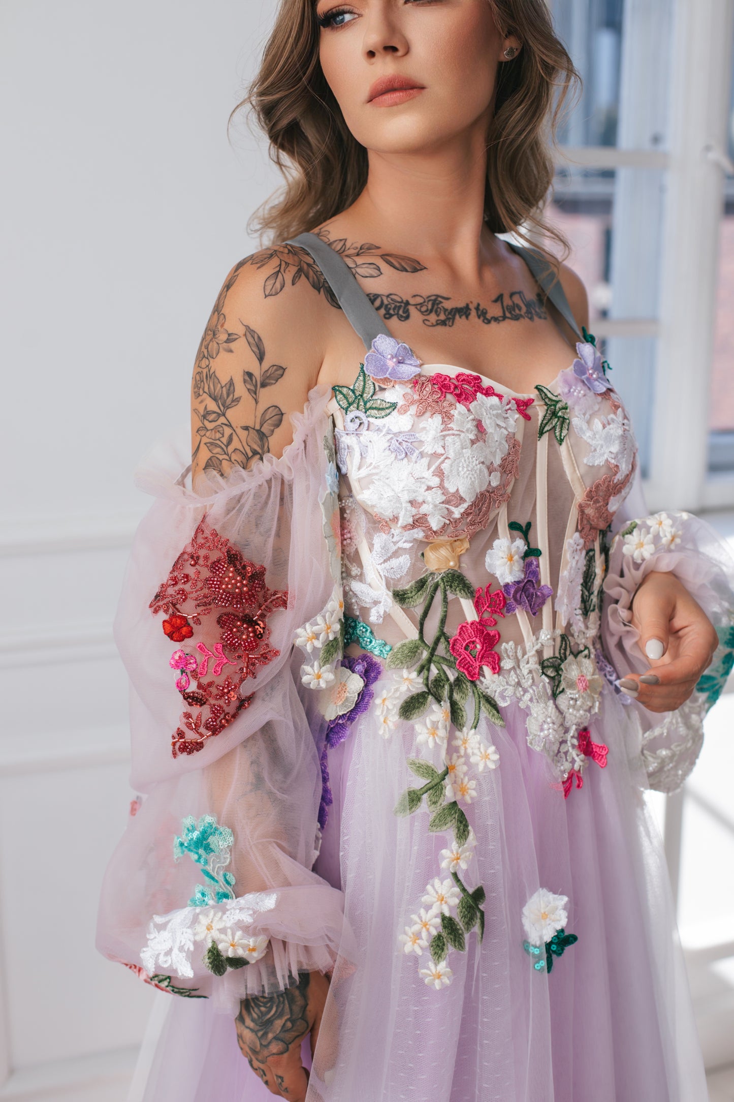 Lavender Gown With Colourful Flowers