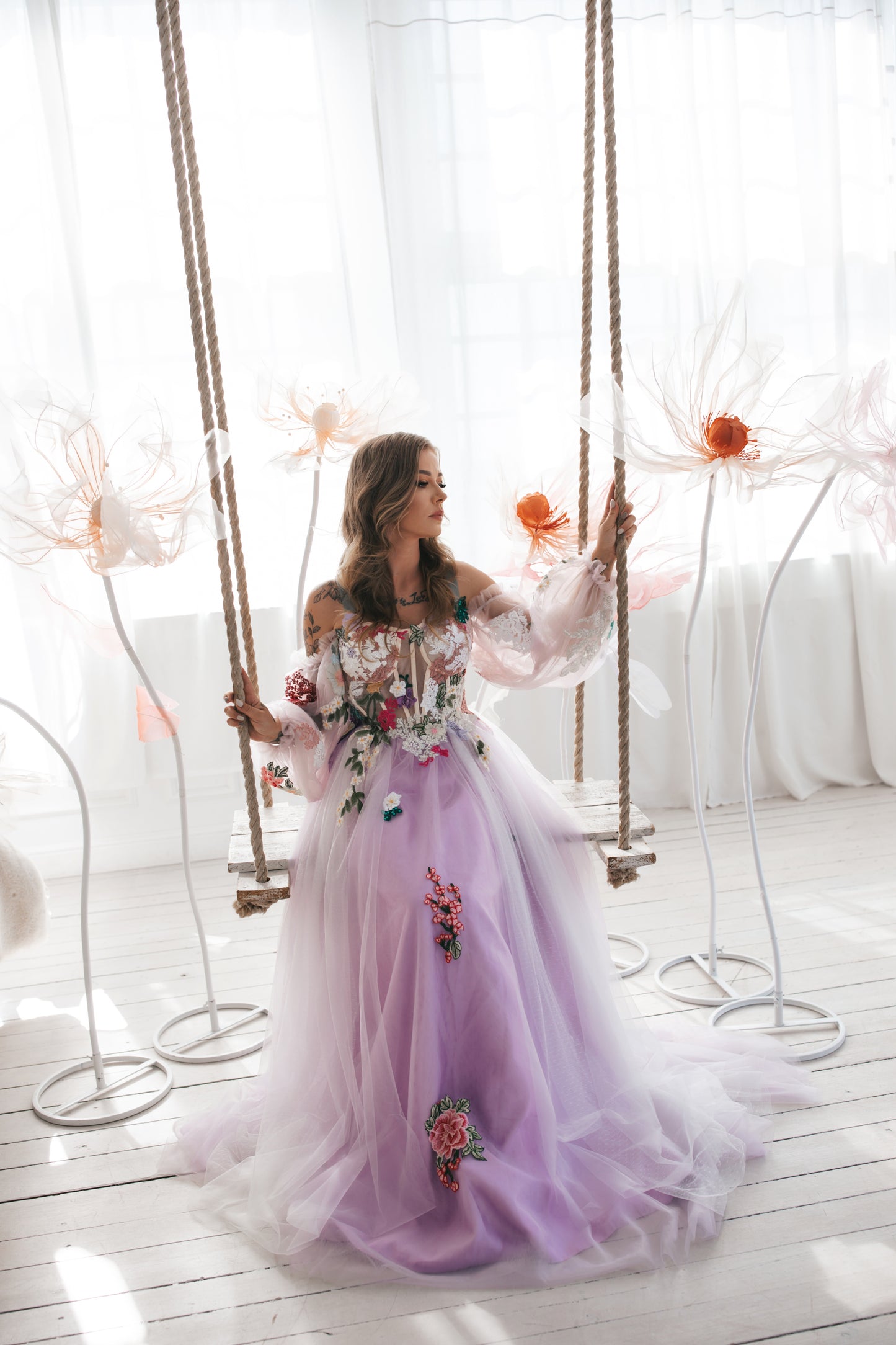 Lavender Gown With Colourful Flowers