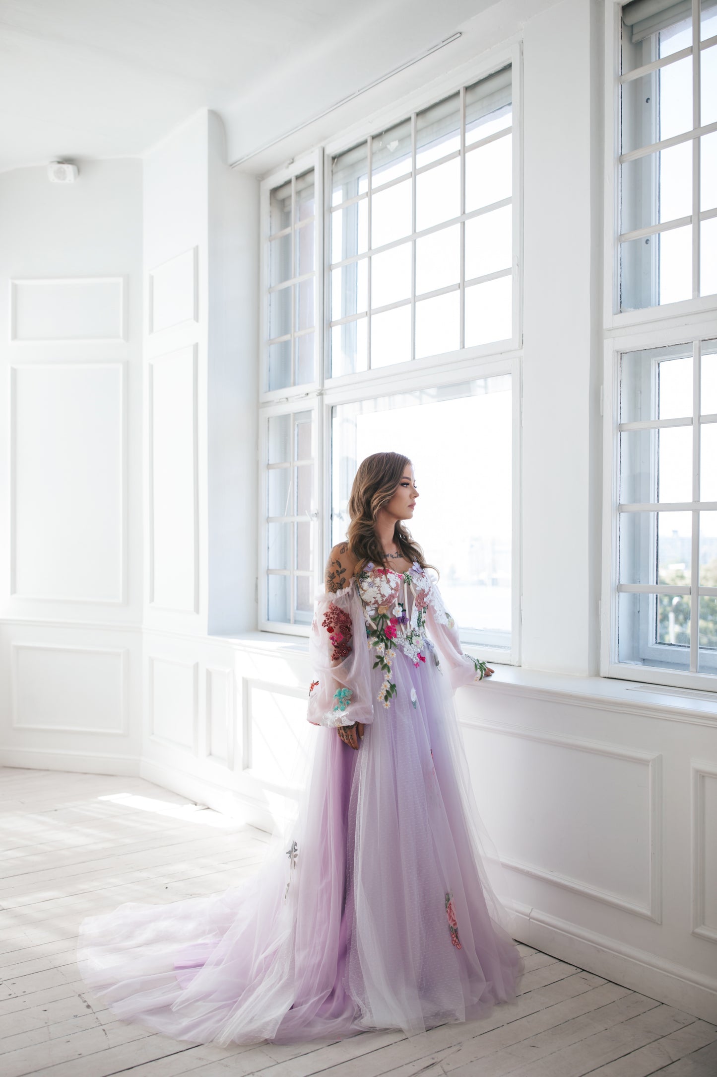 Lavender Gown With Colourful Flowers