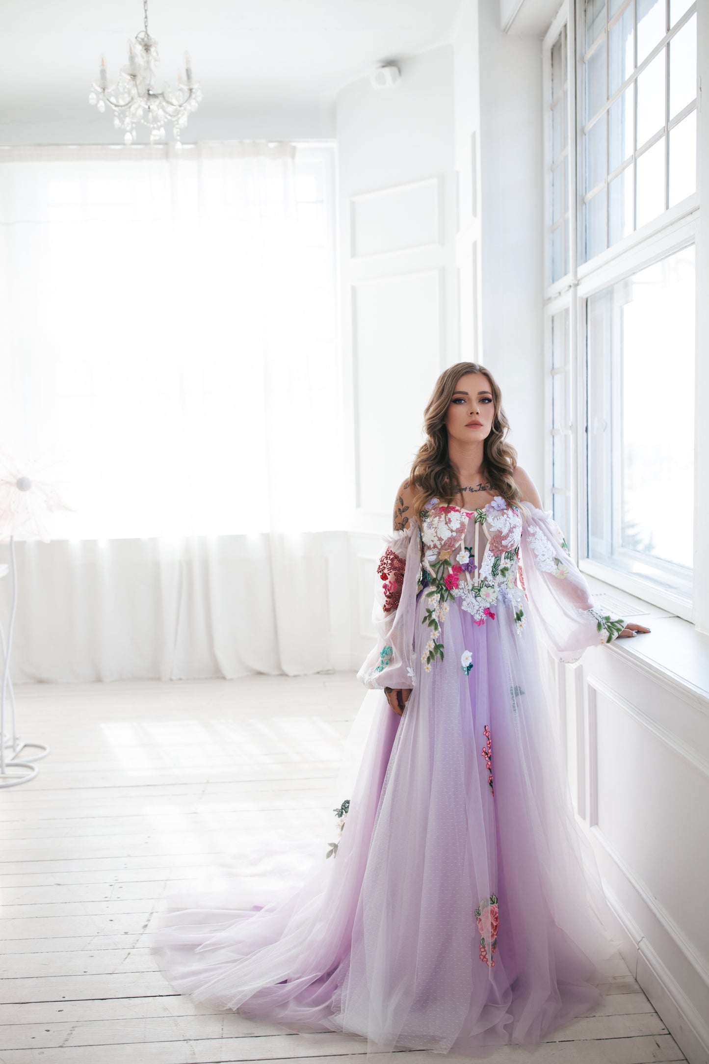 Lavender Gown With Colourful Flowers