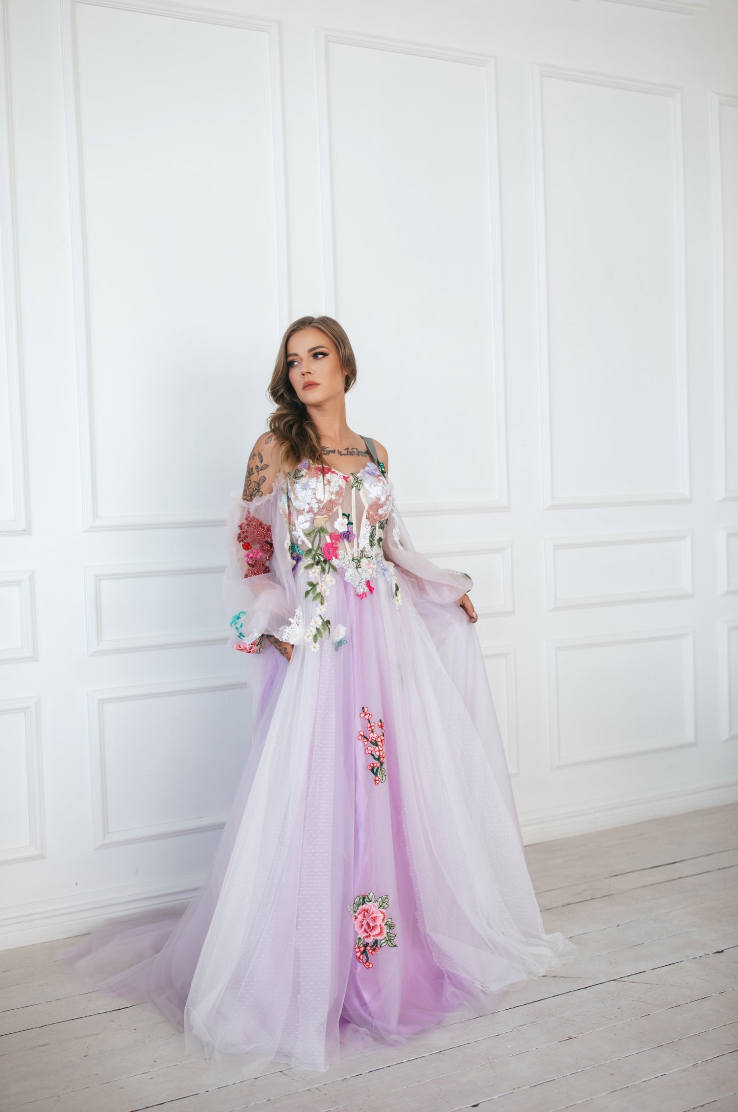 Lavender Gown With Colourful Flowers