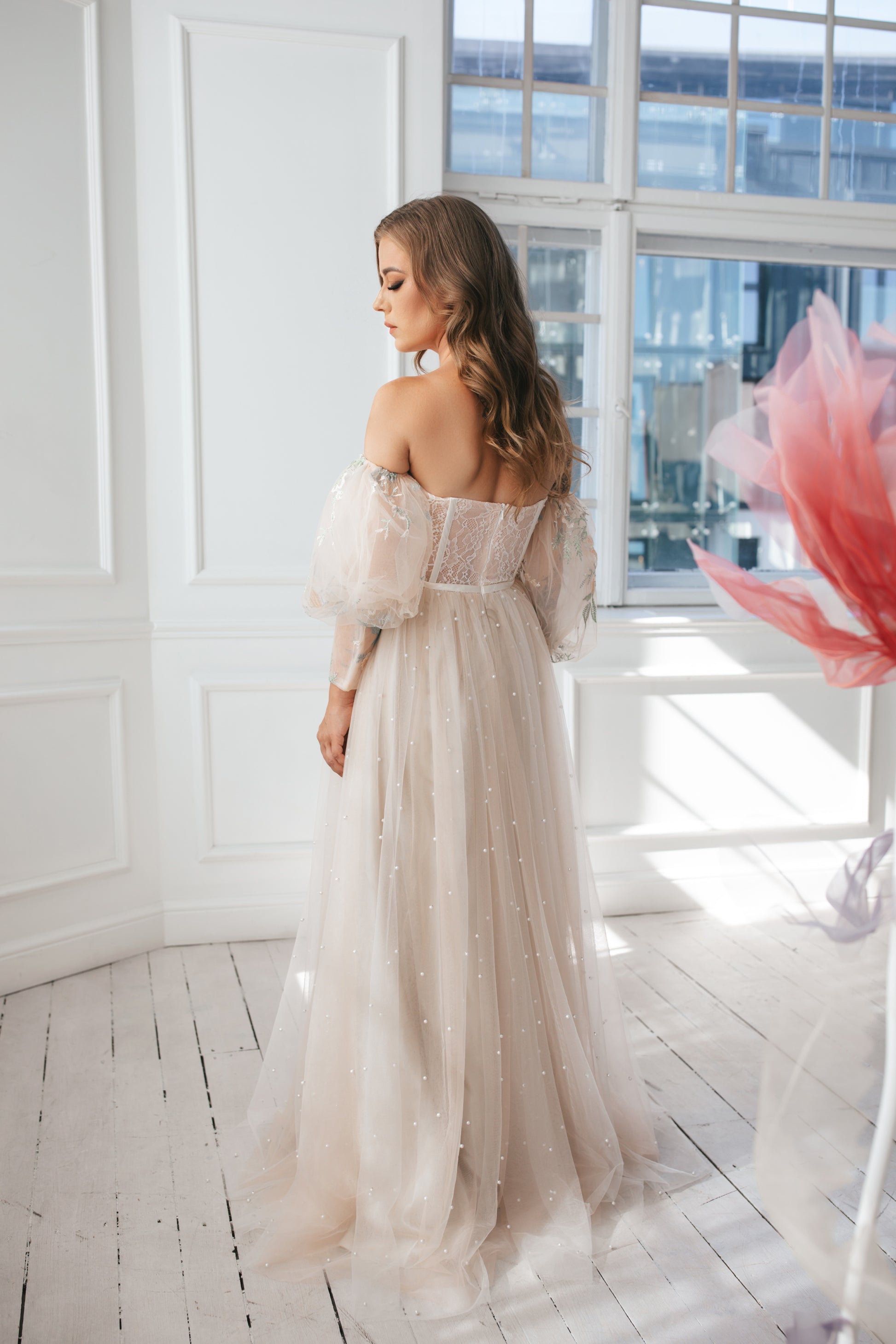 Champagne Gown With Pearls – Dreamydresshouse
