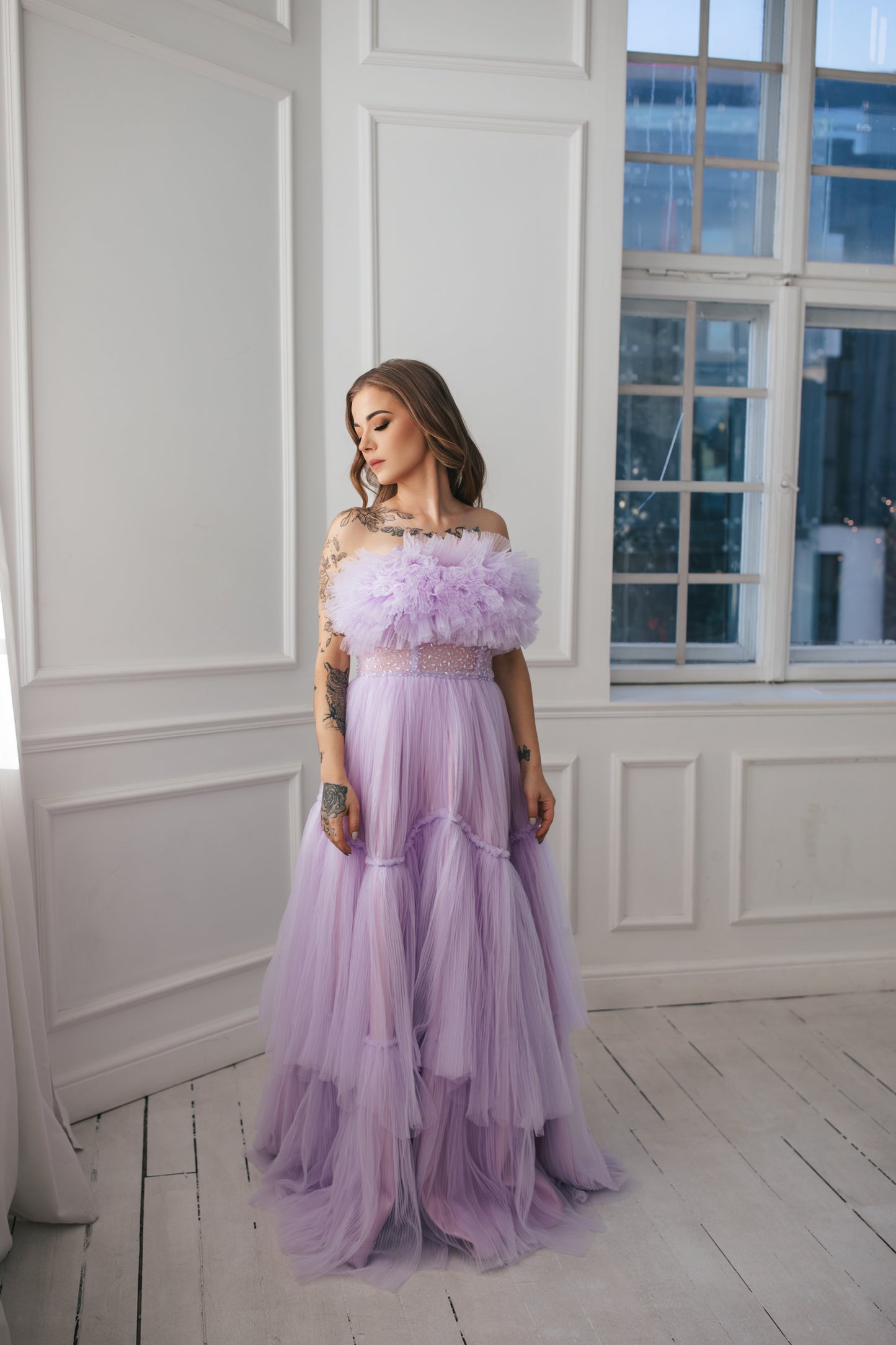 Ruffled Lavender Tulle Gown