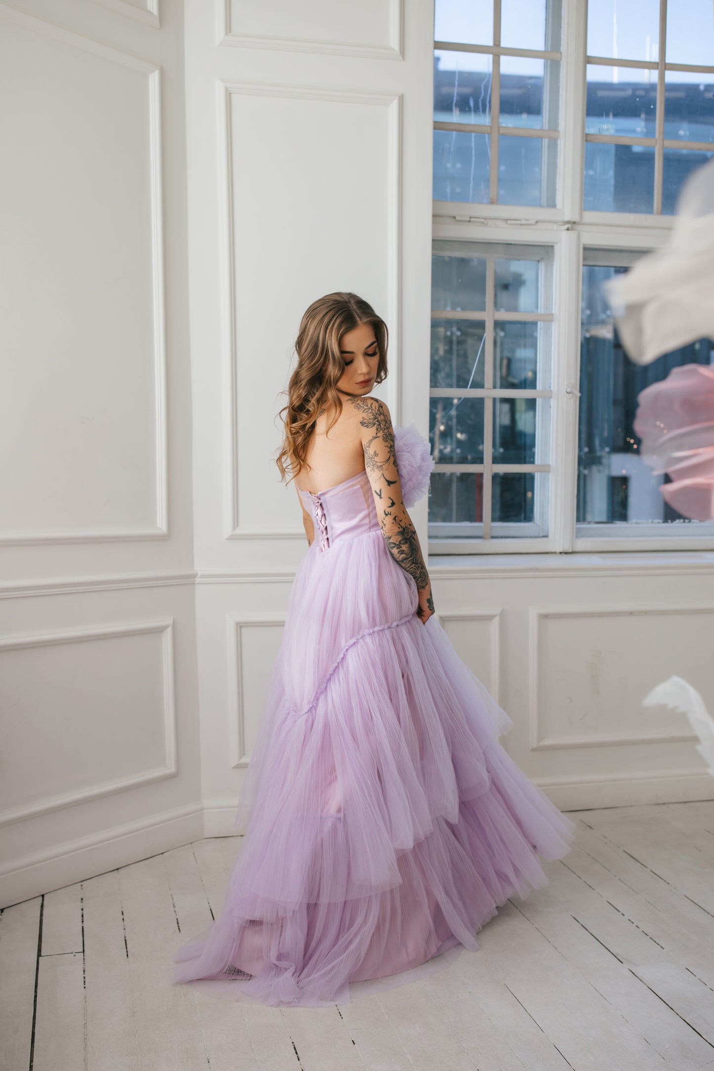 Ruffled Lavender Tulle Gown