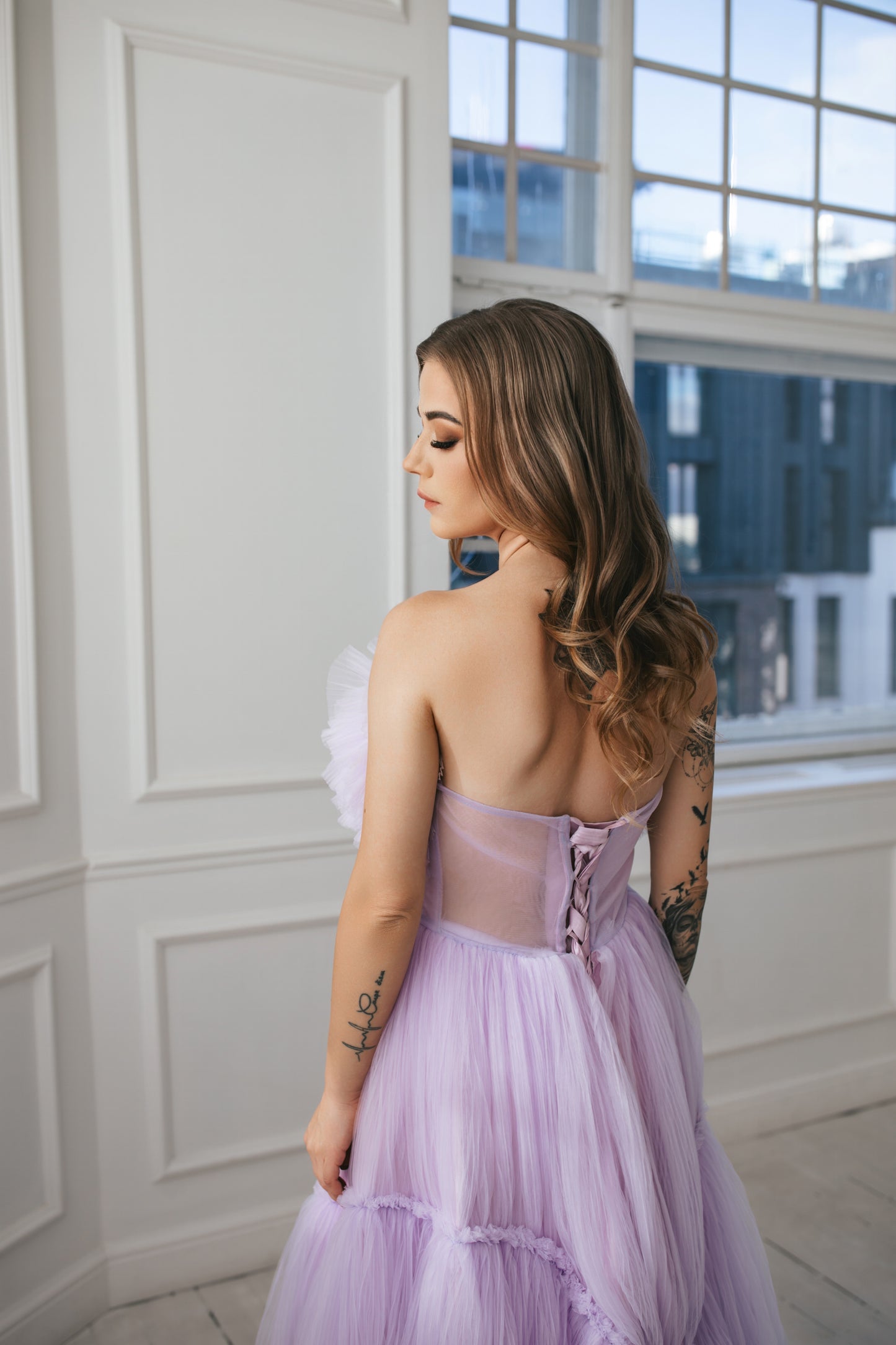 Ruffled Lavender Tulle Gown