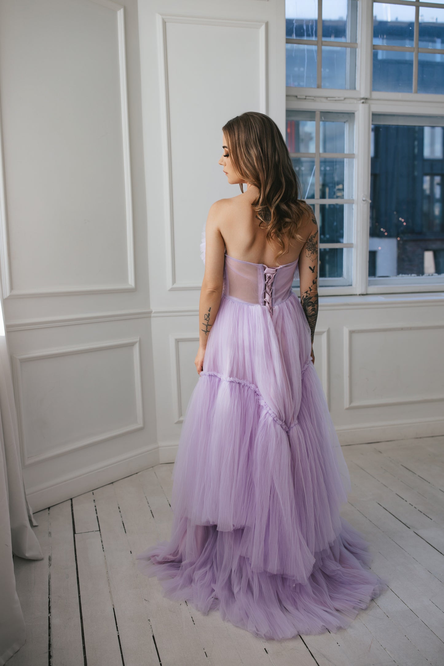 Ruffled Lavender Tulle Gown