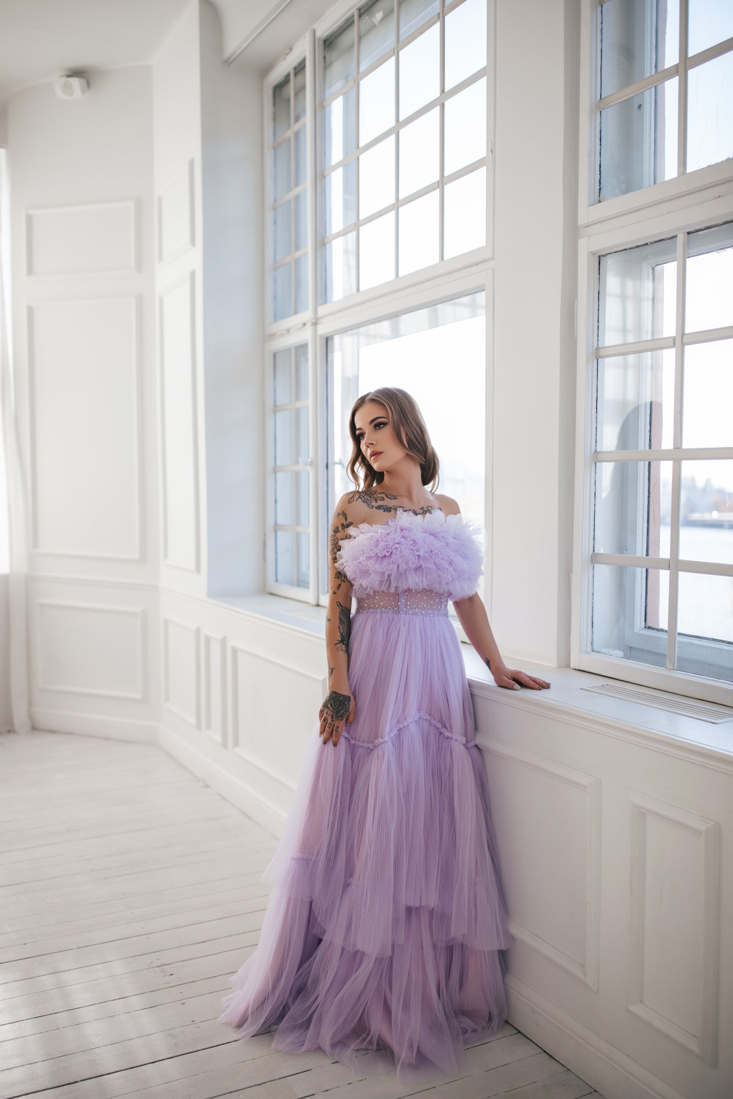 Ruffled Lavender Tulle Gown