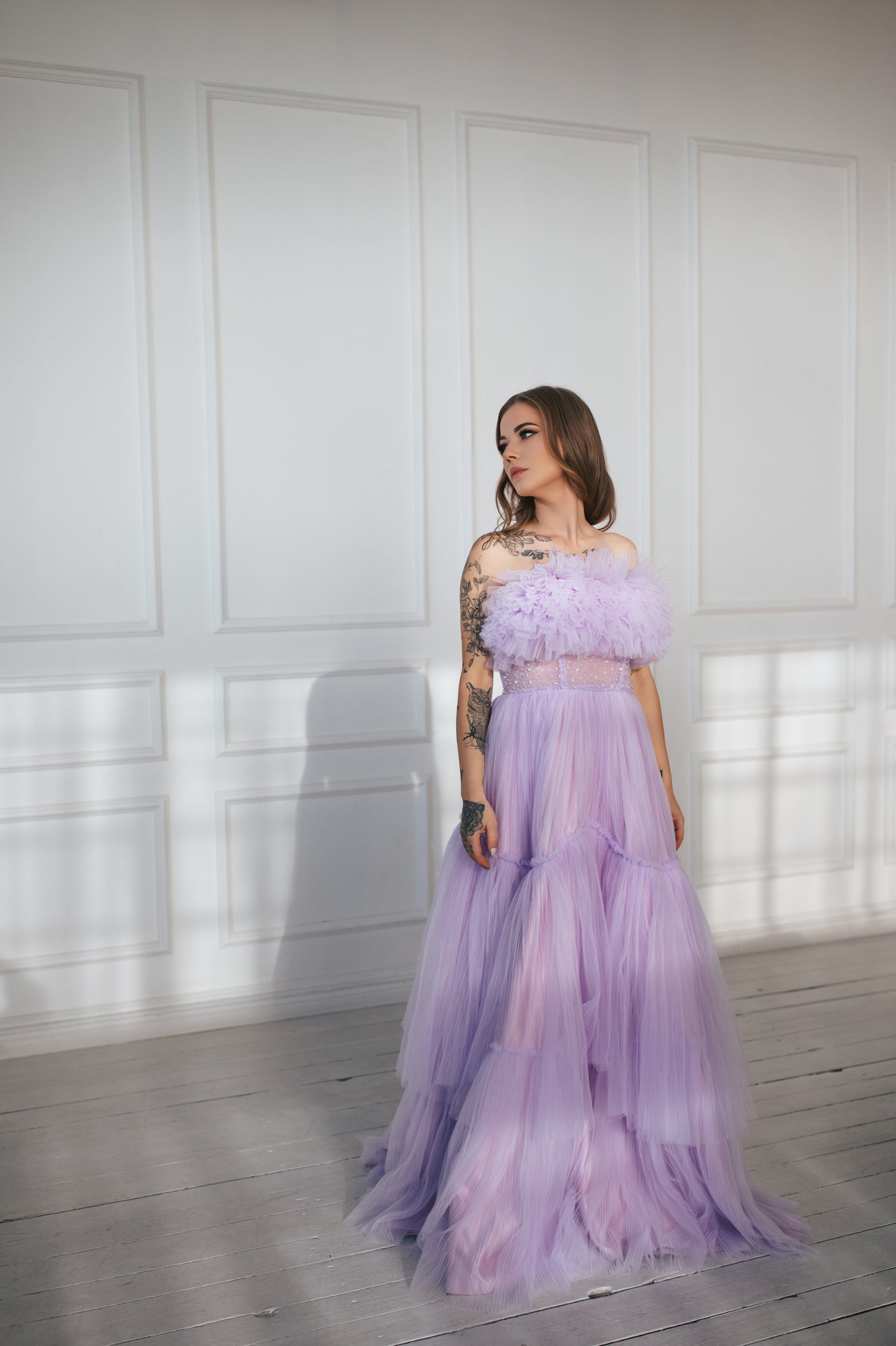 Ruffled Lavender Tulle Gown