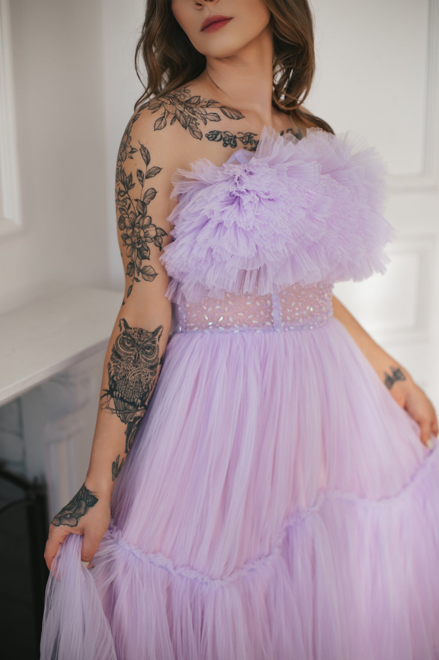 Ruffled Lavender Tulle Gown