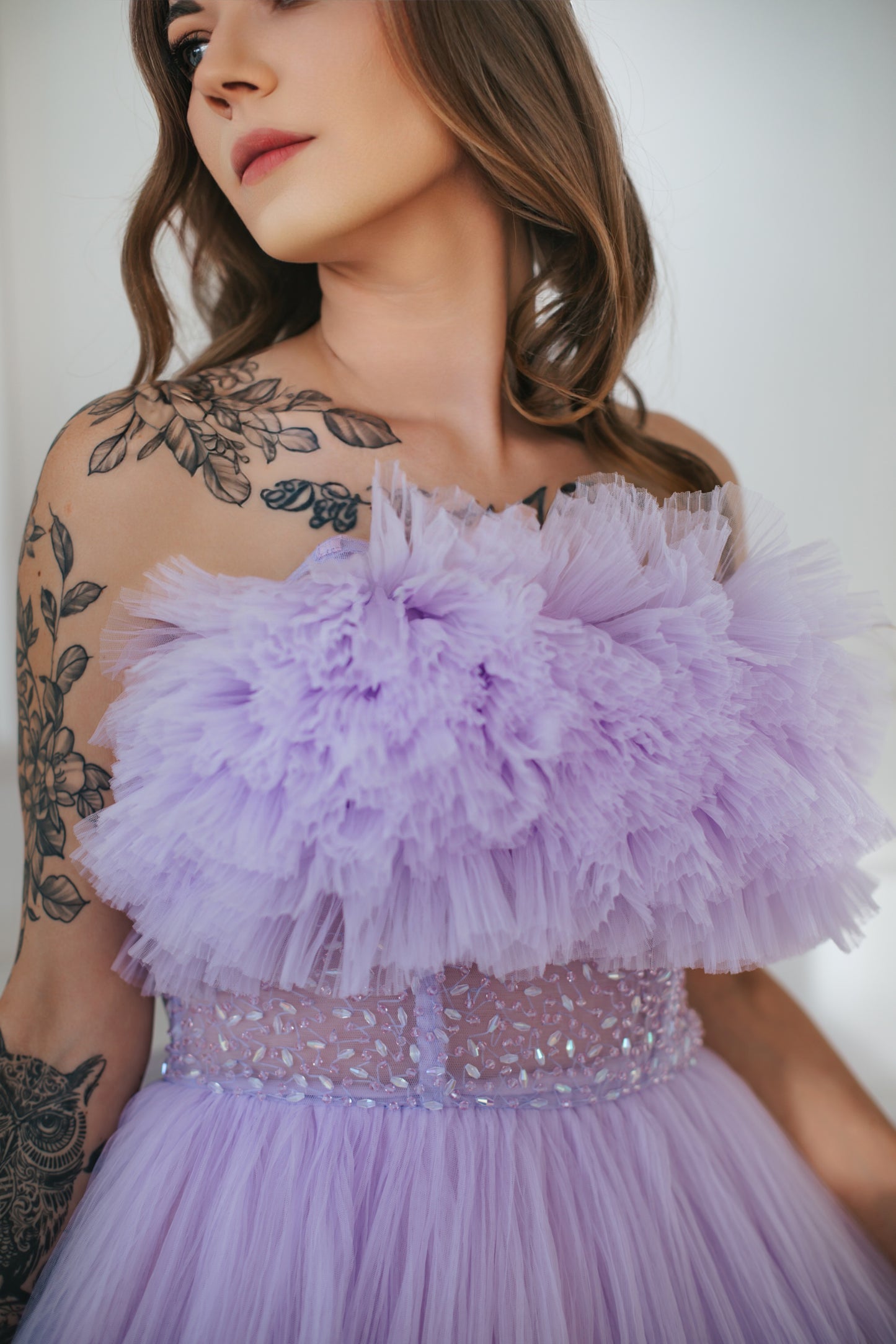 Ruffled Lavender Tulle Gown