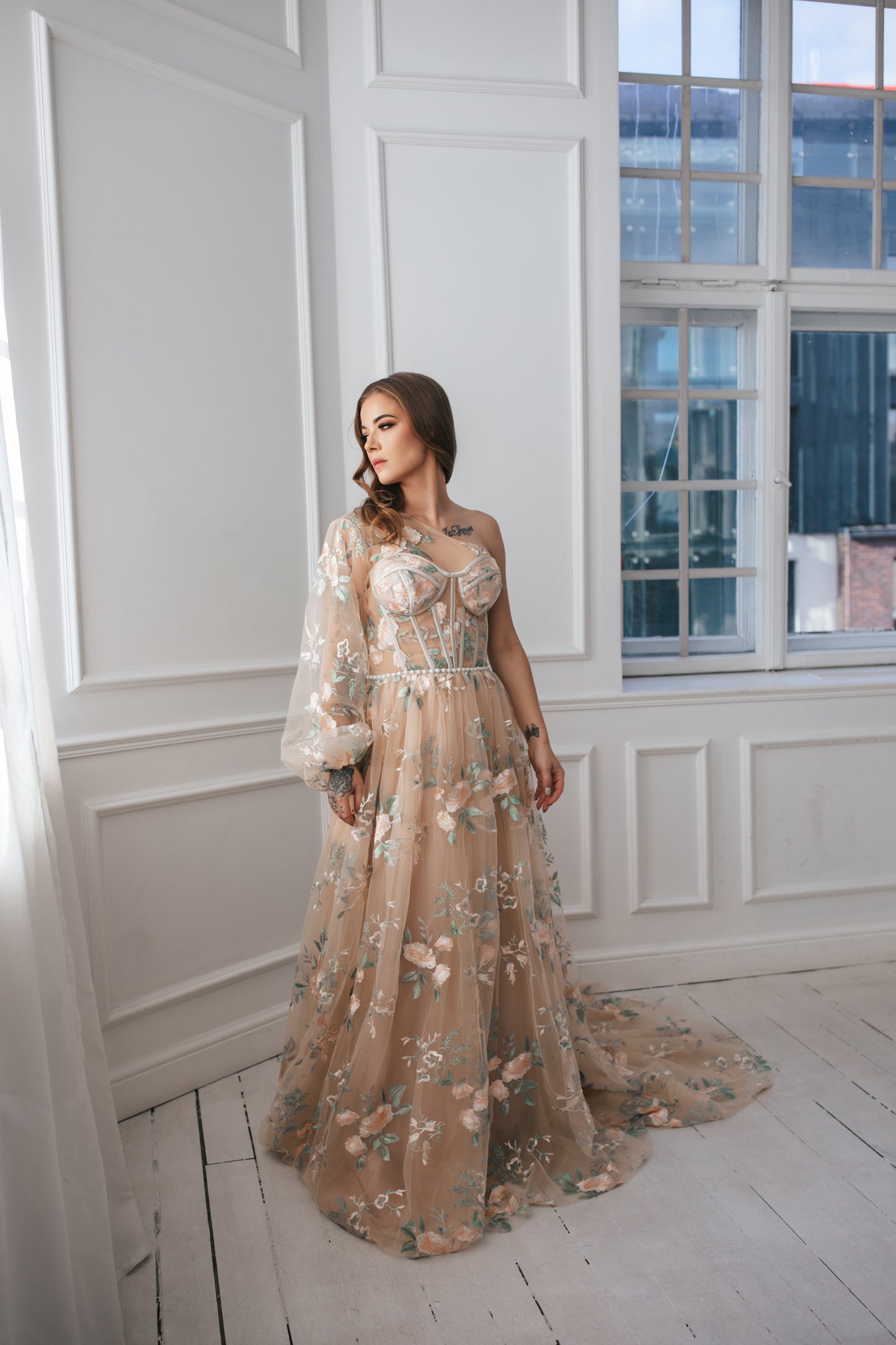 Floral Tulle Gown With One Sleeve