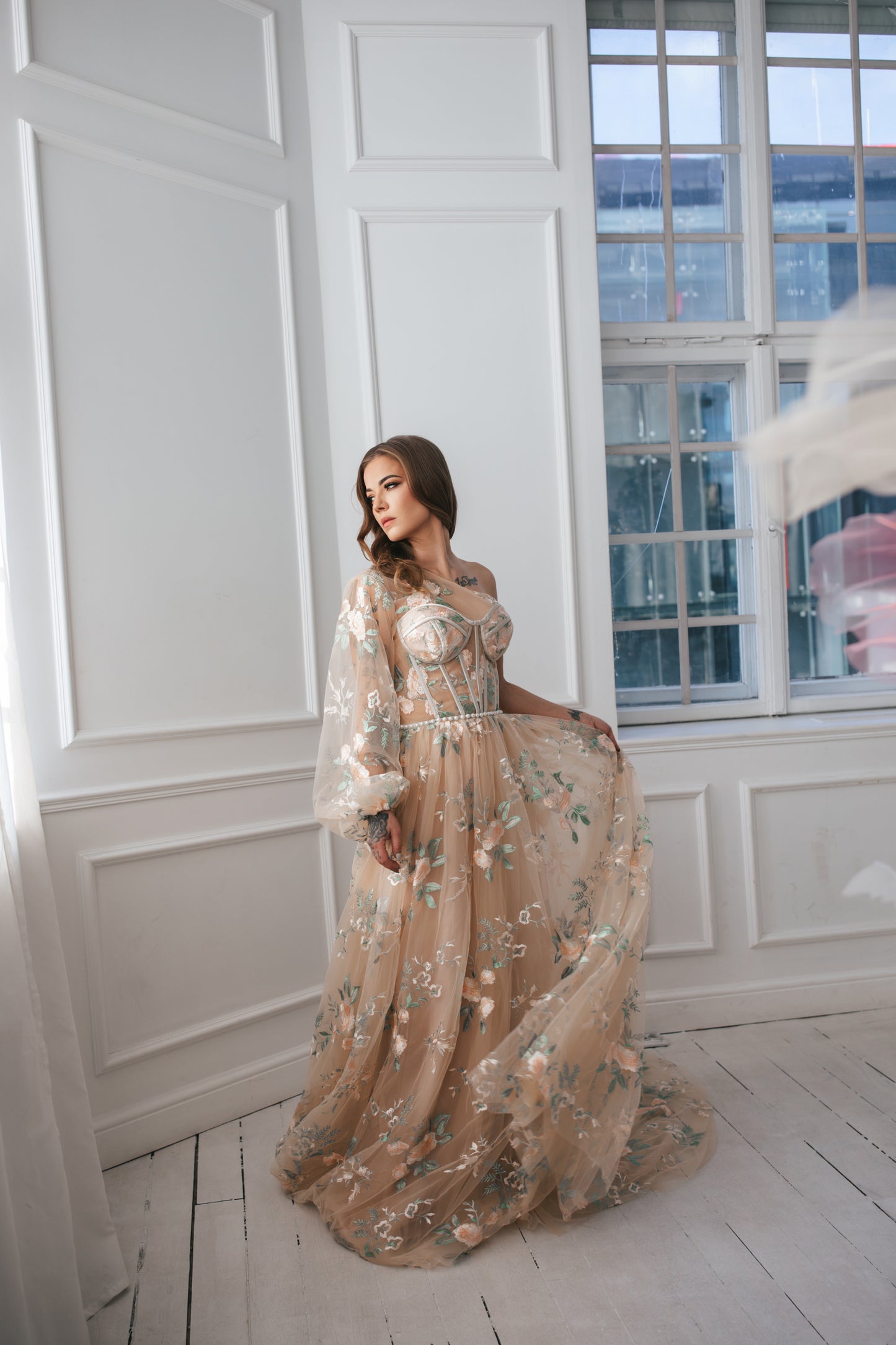 Floral Tulle Gown With One Sleeve