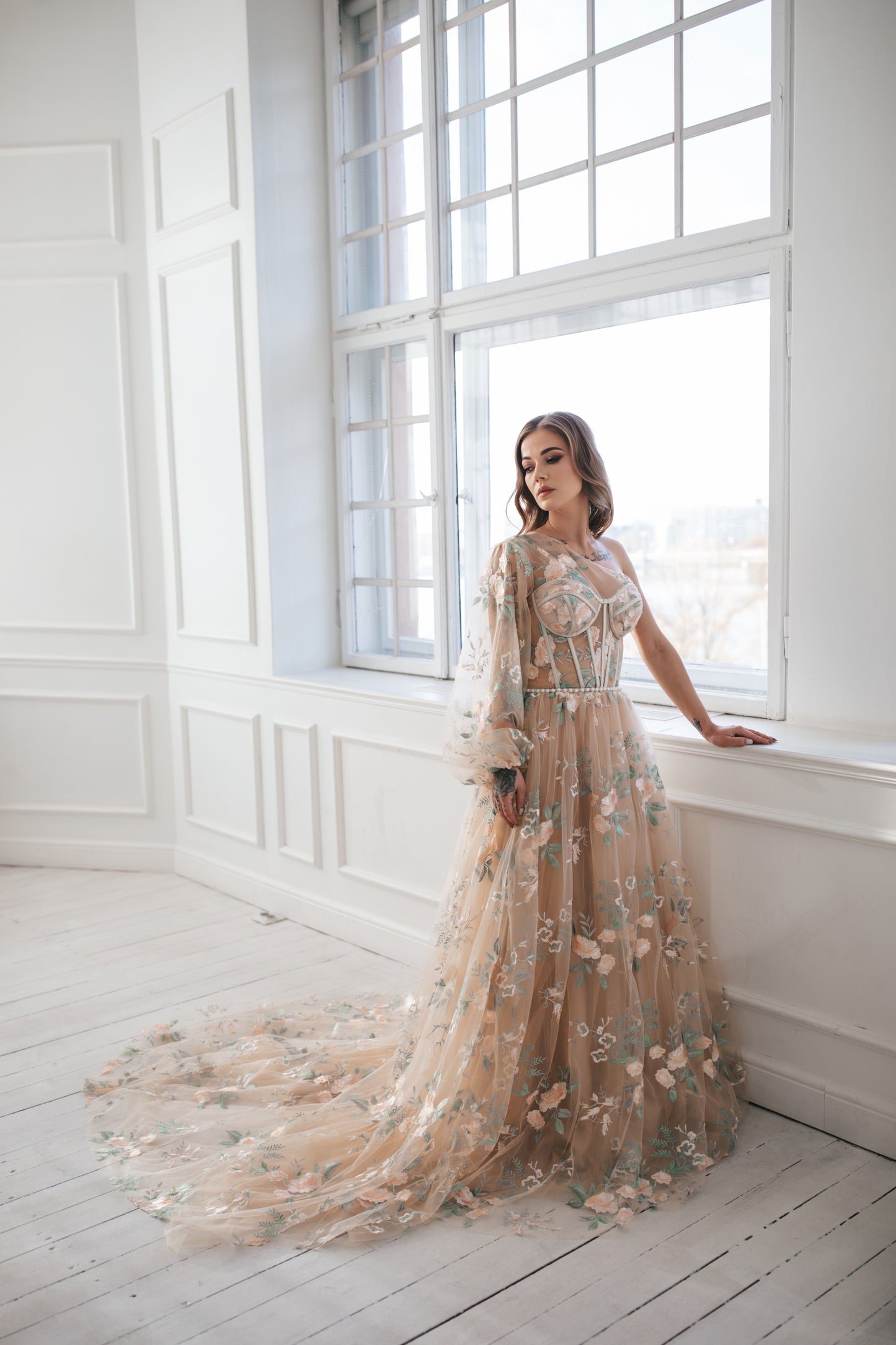 Floral Tulle Gown With One Sleeve